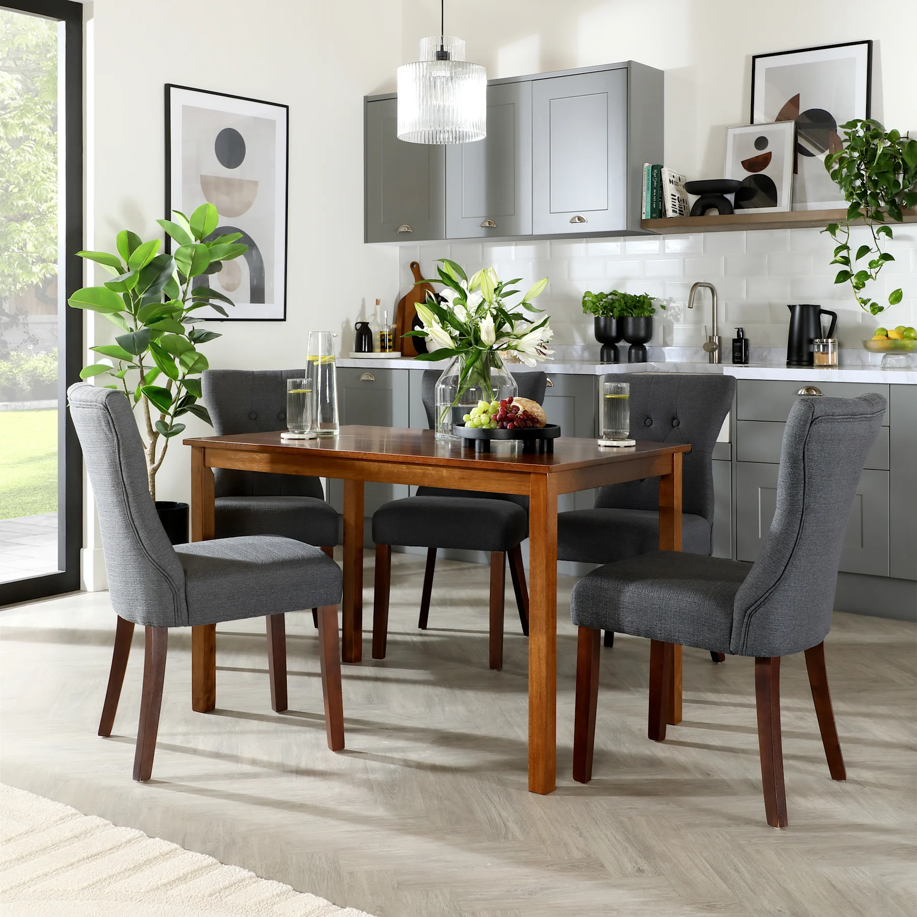 Milton Dining Table & 4 Bewley Chairs, Dark Solid Hardwood, Slate Grey Classic Linen-Weave Fabric, 120cm