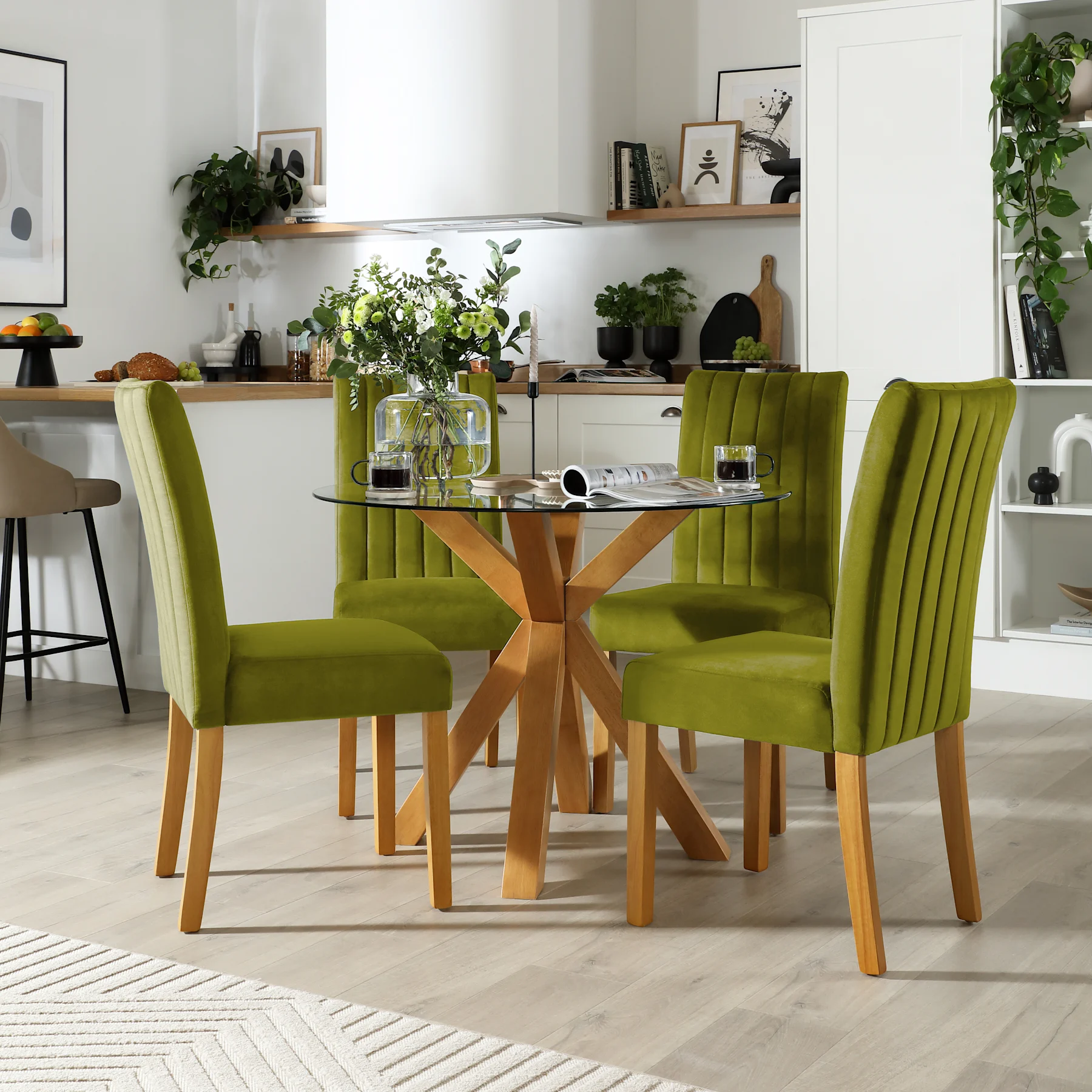 Hatton Round Dining Table & 2 Salisbury Chairs, Glass & Natural Oak Finished Solid Hardwood, Olive Green Classic Velvet, 100cm