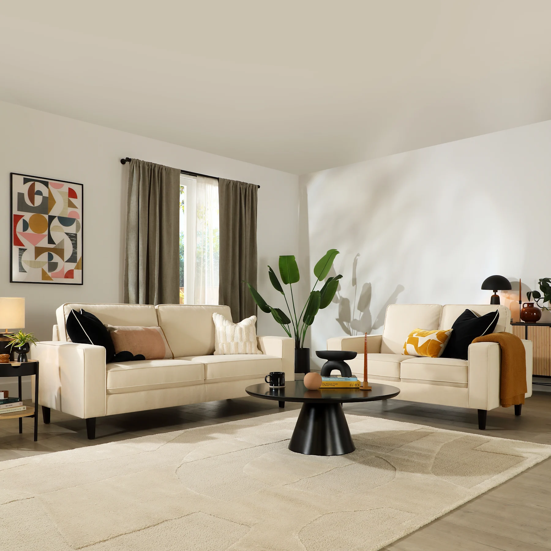 Monaco 3+2 Seater Sofa Set, Ivory Classic Plush Fabric