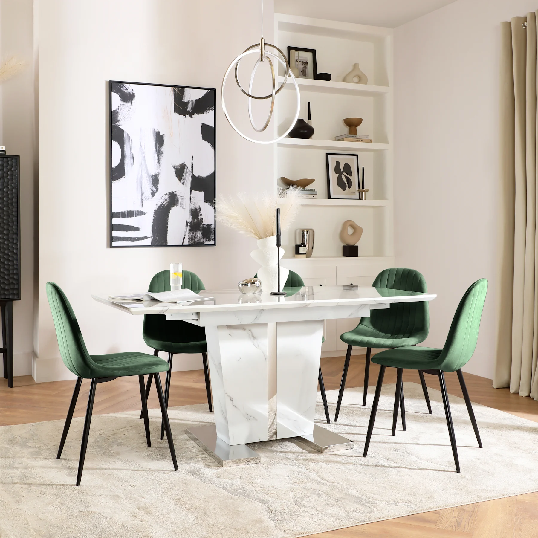 Vienna Extending Dining Table & 4 Brooklyn Chairs, White Marble Effect, Moss Green Classic Velvet & Black Steel, 120-160cm