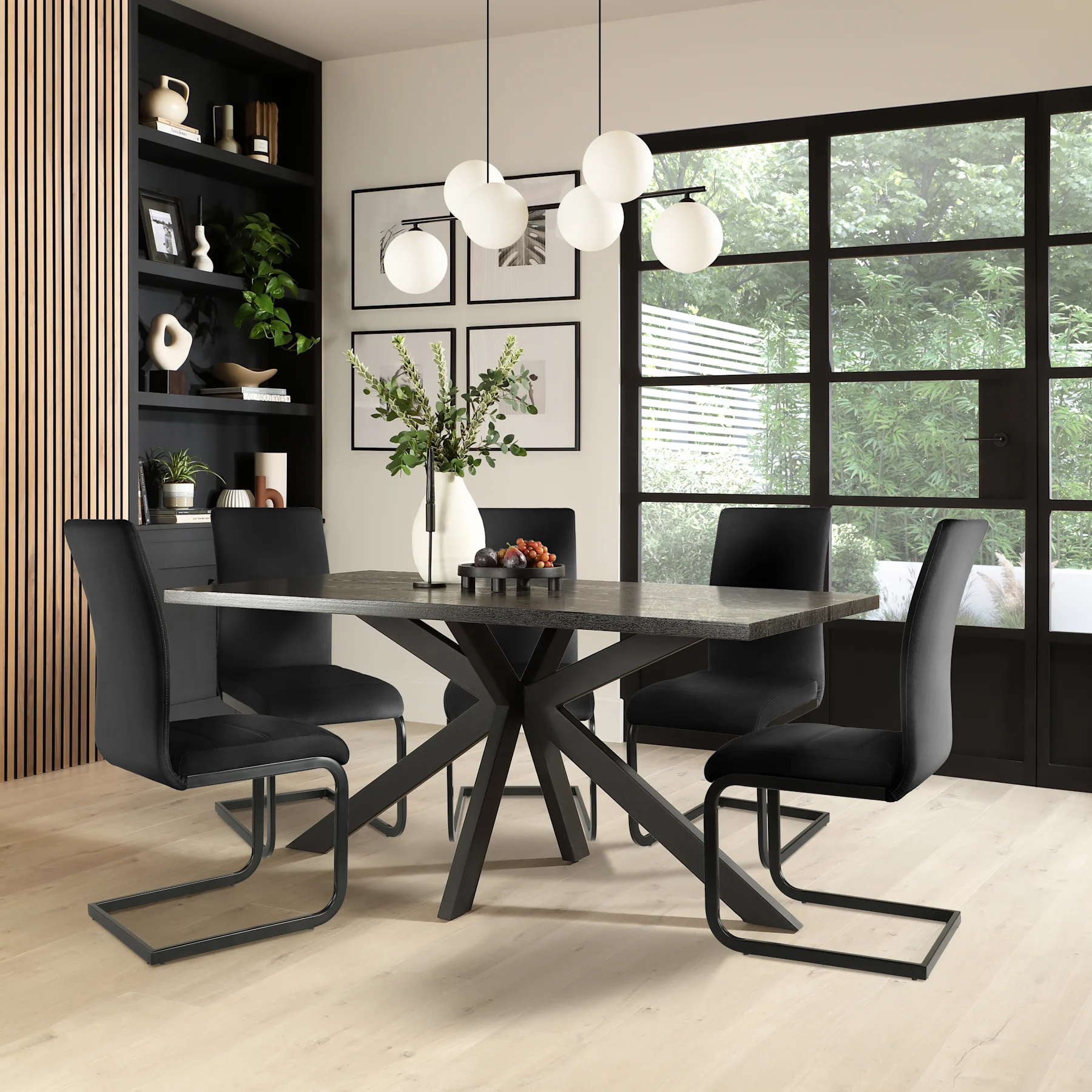 Madison Dining Table & 4 Perth Chairs, Black Oak Effect & Black Steel, Black Classic Velvet, 160cm