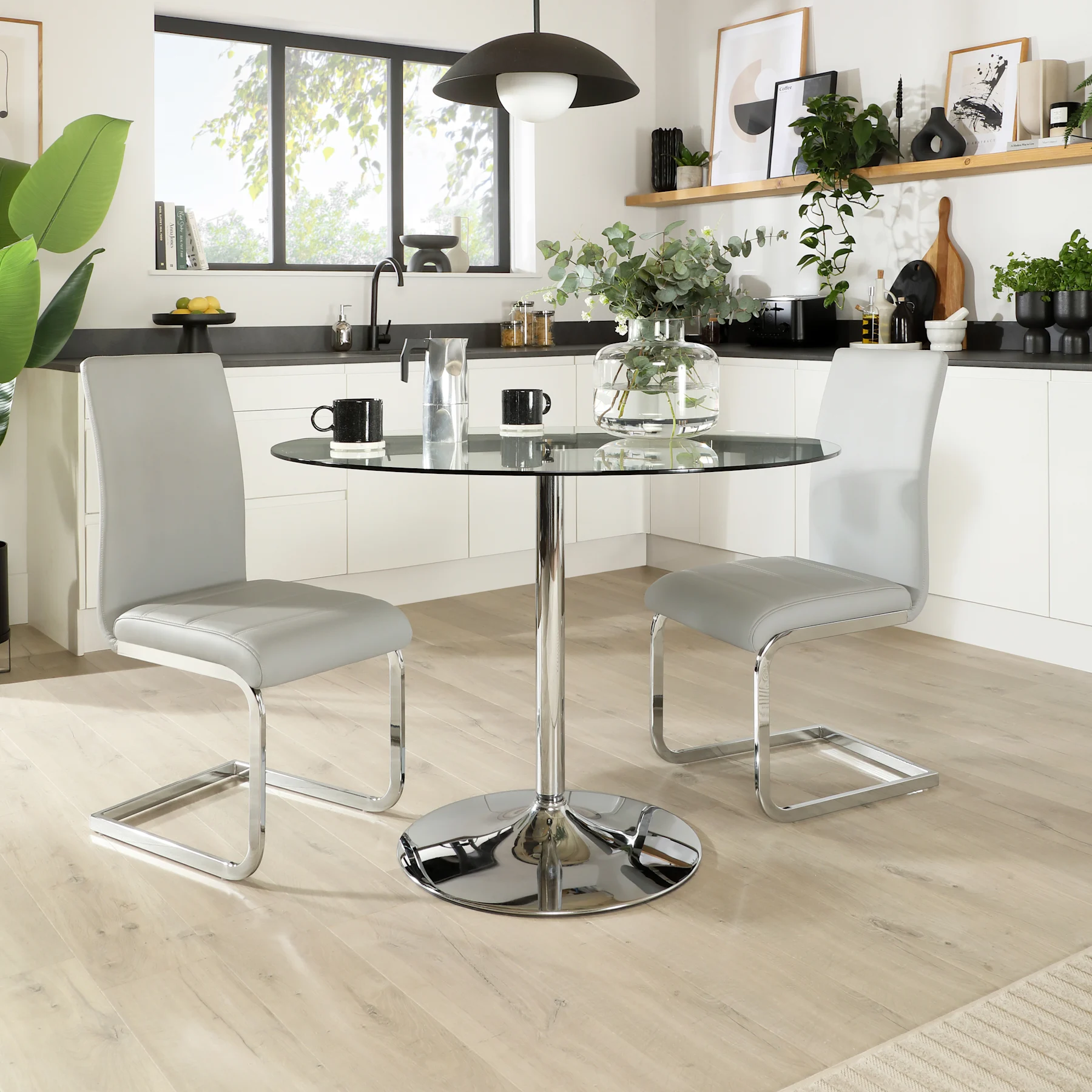 Orbit Round Dining Table & 2 Perth Chairs, Glass & Chrome, Light Grey Premium Faux Leather, 110cm