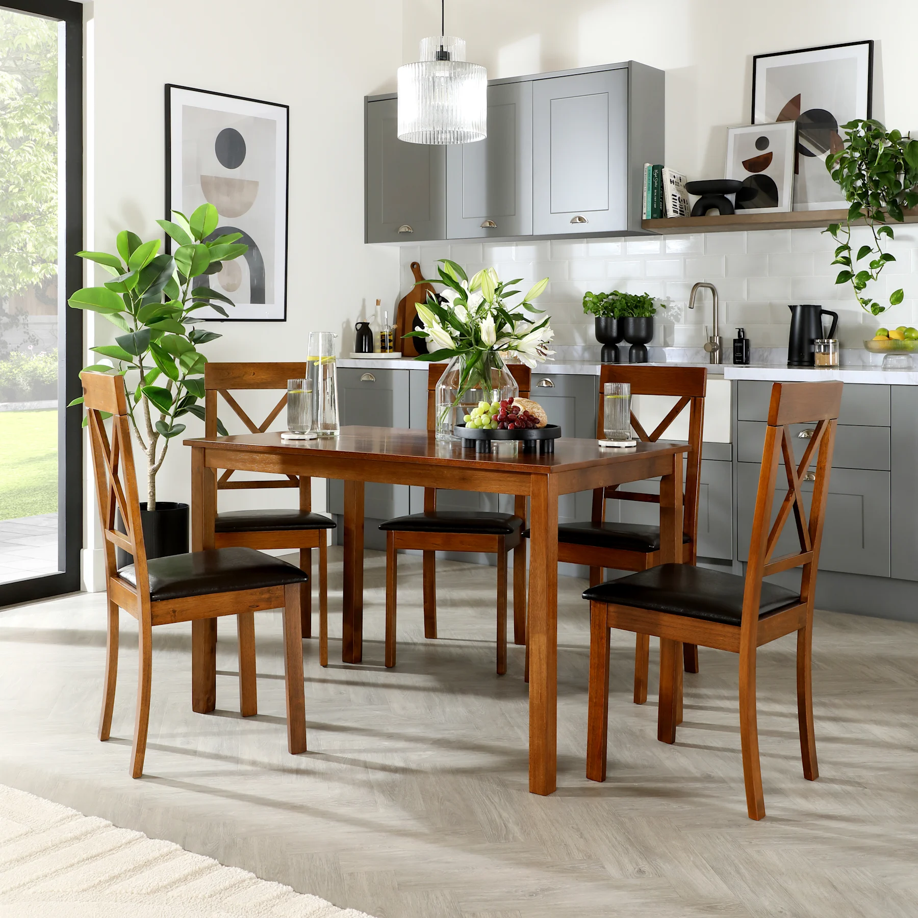 Milton Dining Table & 4 Kendal Chairs, Dark Solid Hardwood, Brown Classic Faux Leather, 120cm