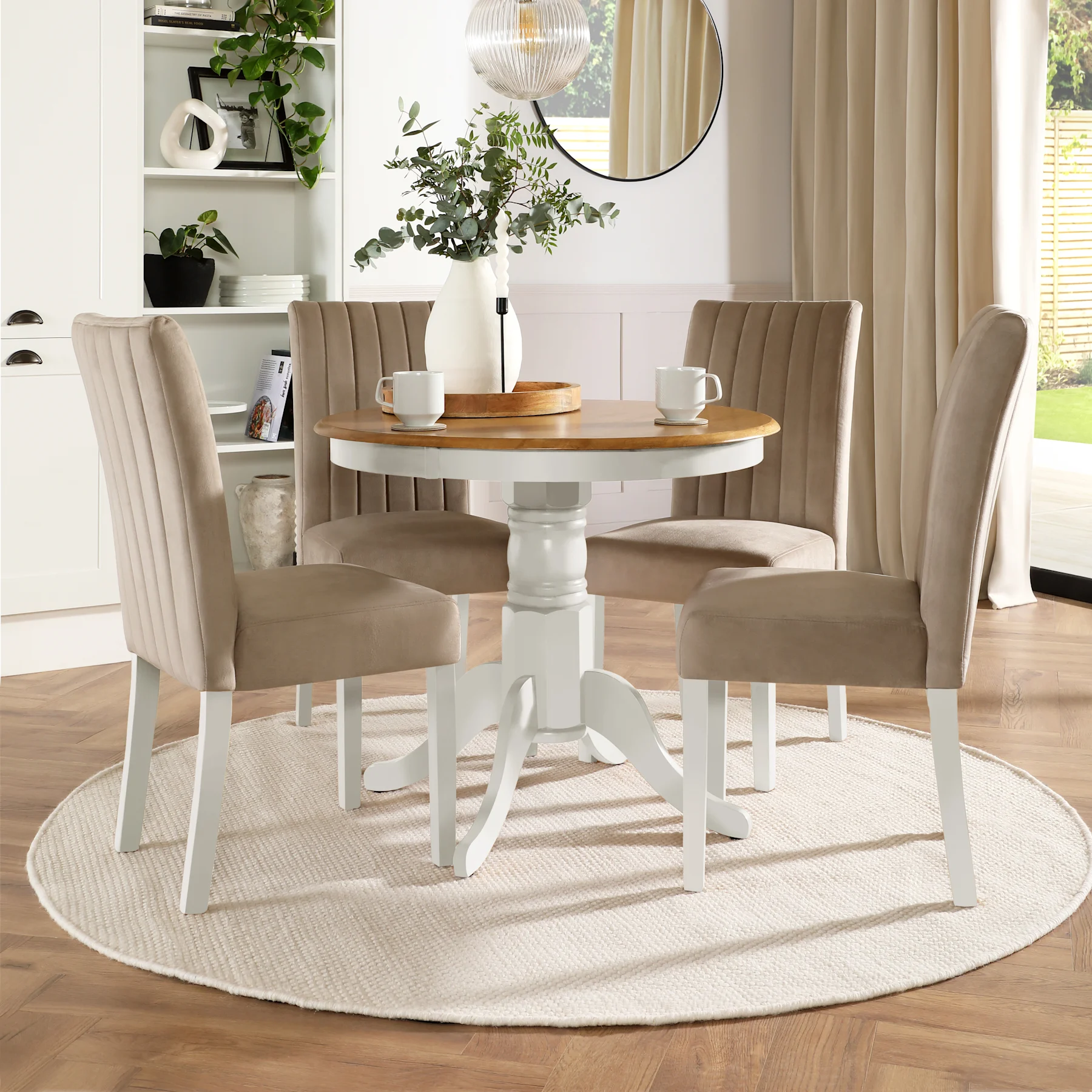 Kingston Round Dining Table & 4 Salisbury Chairs, Natural Oak Finish & White Solid Hardwood, Champagne Classic Velvet, 90cm