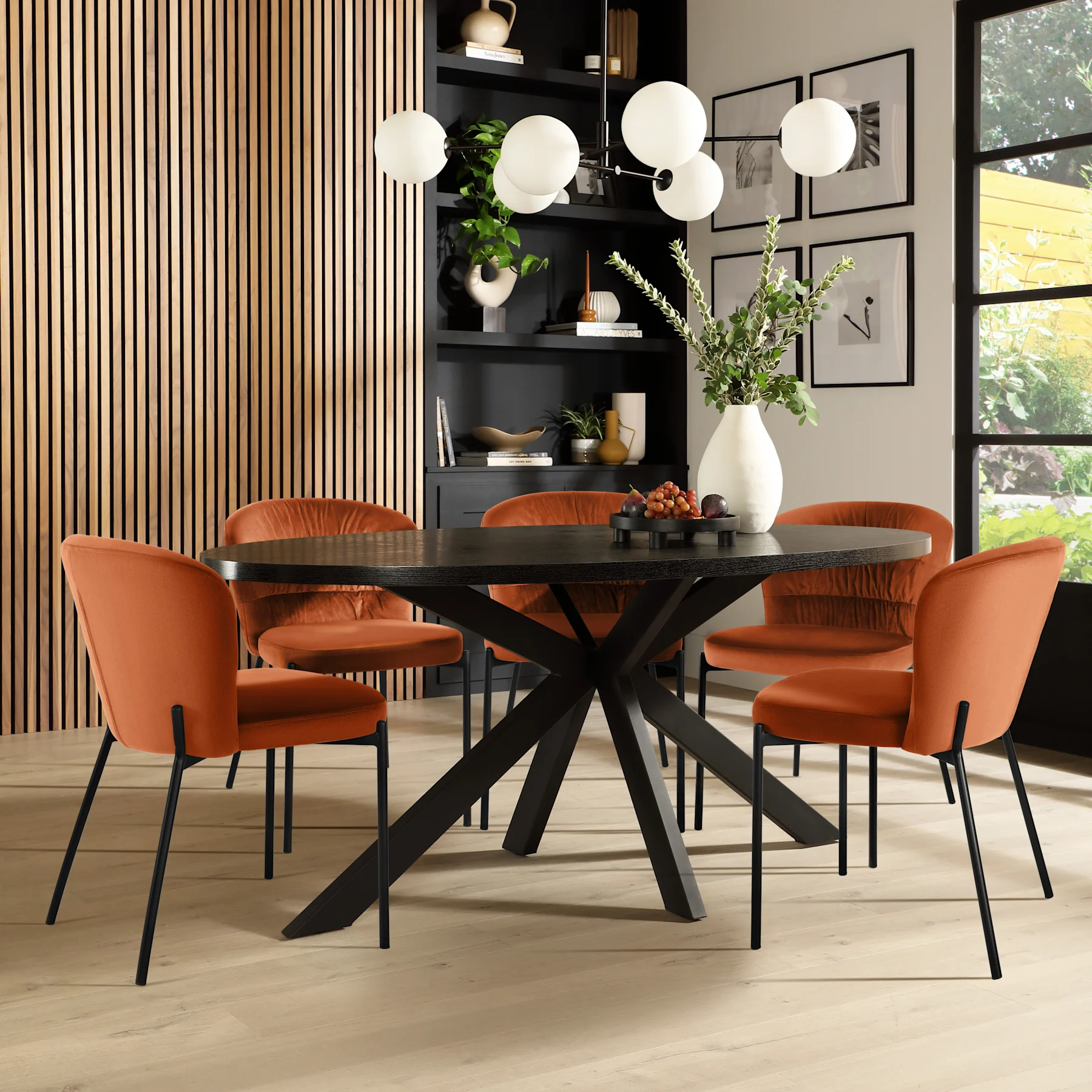 Madison Oval Dining Table & 6 Gianna Chairs, Black Oak Effect & Black Steel, Burnt Orange Classic Velvet, 180cm