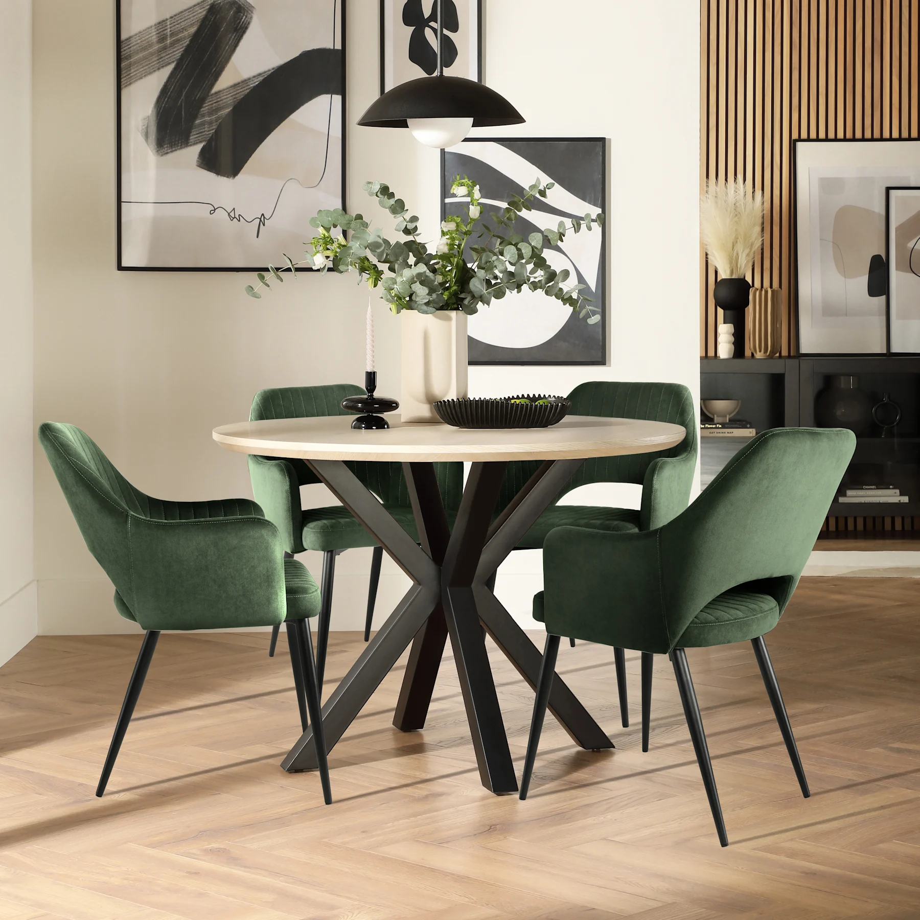 Newark Round Dining Table & 4 Clara Chairs, Light Oak Effect & Black Steel, Moss Green Classic Velvet, 110cm