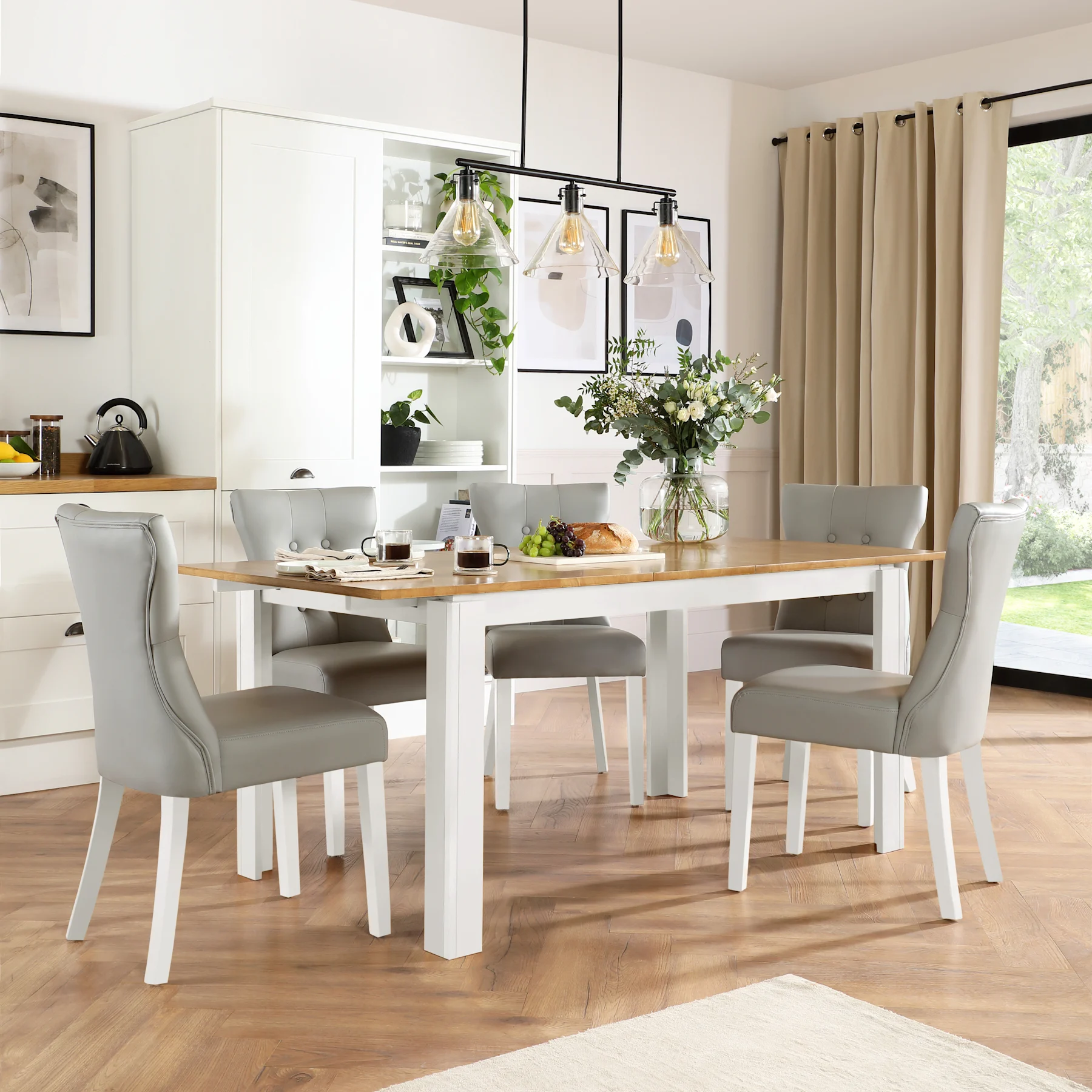 Bali Extending Dining Table & 6 Bewley Chairs, Natural Oak Finish & White Solid Hardwood, Light Grey Premium Faux Leather, 150-180cm