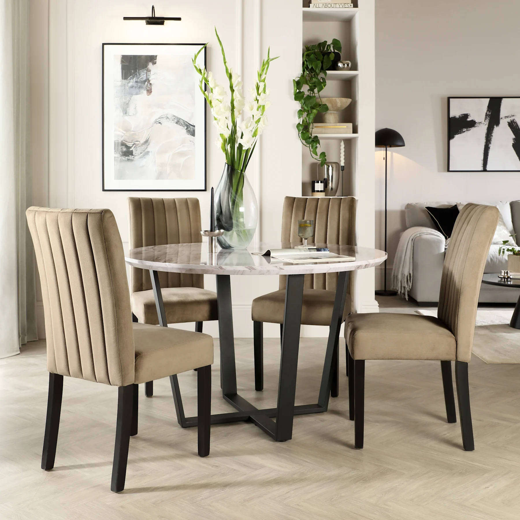 Traviso Round Dining Table & 4 Salisbury Chairs, Grey Marble Effect & Black Steel, Beige Classic Velvet & Black Solid Hardwood, 120cm