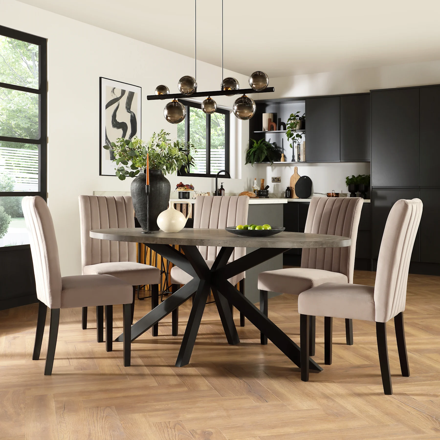 Madison Oval Industrial Dining Table & 4 Salisbury Chairs, Grey Concrete Effect & Black Steel, Beige Classic Plush Fabric & Black Solid Hardwood, 180cm