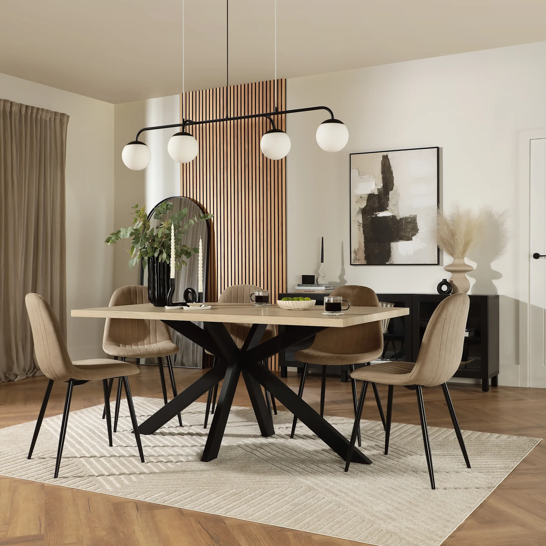 Madison Dining Table & 6 Brooklyn Chairs, Light Oak Effect & Black Steel, Beige Classic Velvet, 160cm