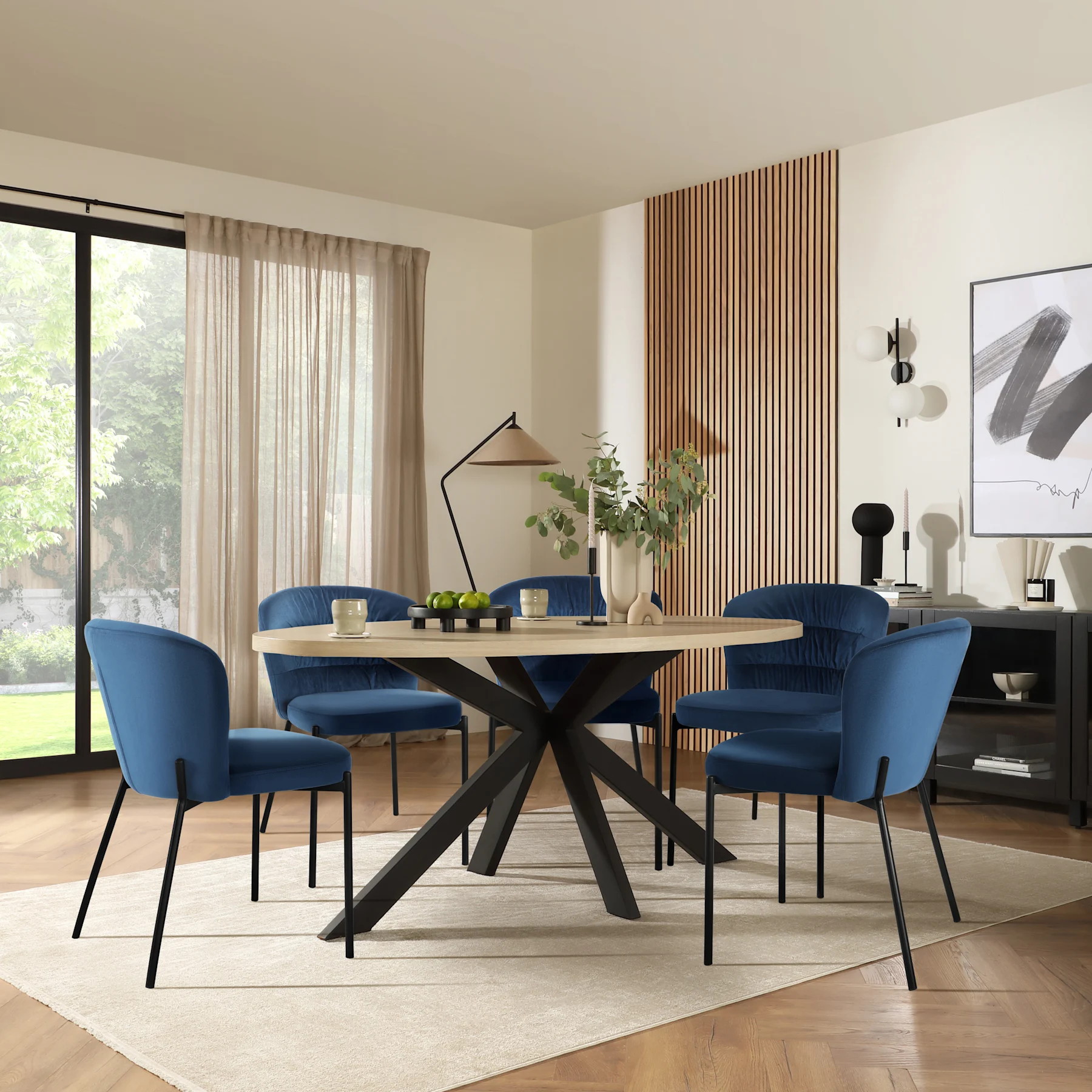 Madison Oval Dining Table & 4 Gianna Chairs, Light Oak Effect & Black Steel, Blue Classic Velvet, 180cm