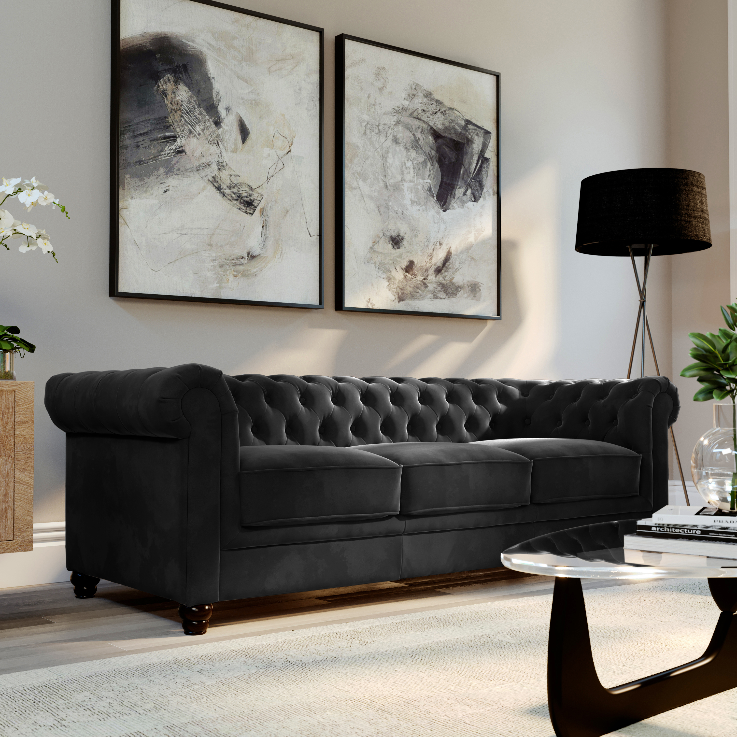 Hampton 3 Seater Chesterfield Sofa, Black Classic Velvet Only £799.99 ...