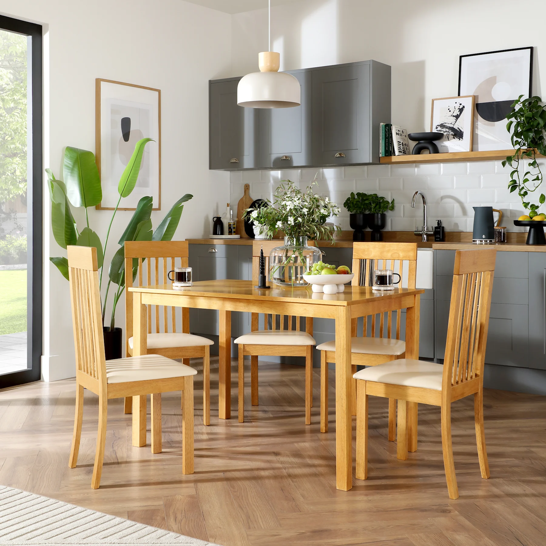 Milton Dining Table & 4 Oxford Chairs, Natural Oak Finished Solid Hardwood, Ivory Classic Faux Leather, 120cm
