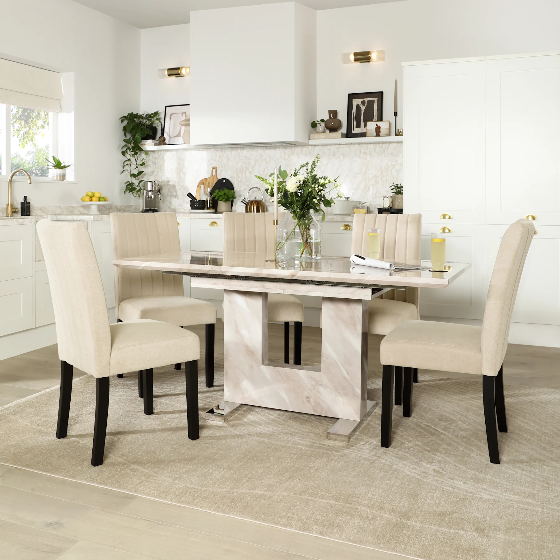 Florence Extending Dining Table & 6 Salisbury Chairs, Beige Marble Effect, Ivory Classic Plush Fabric & Black Solid Hardwood, 120-160cm