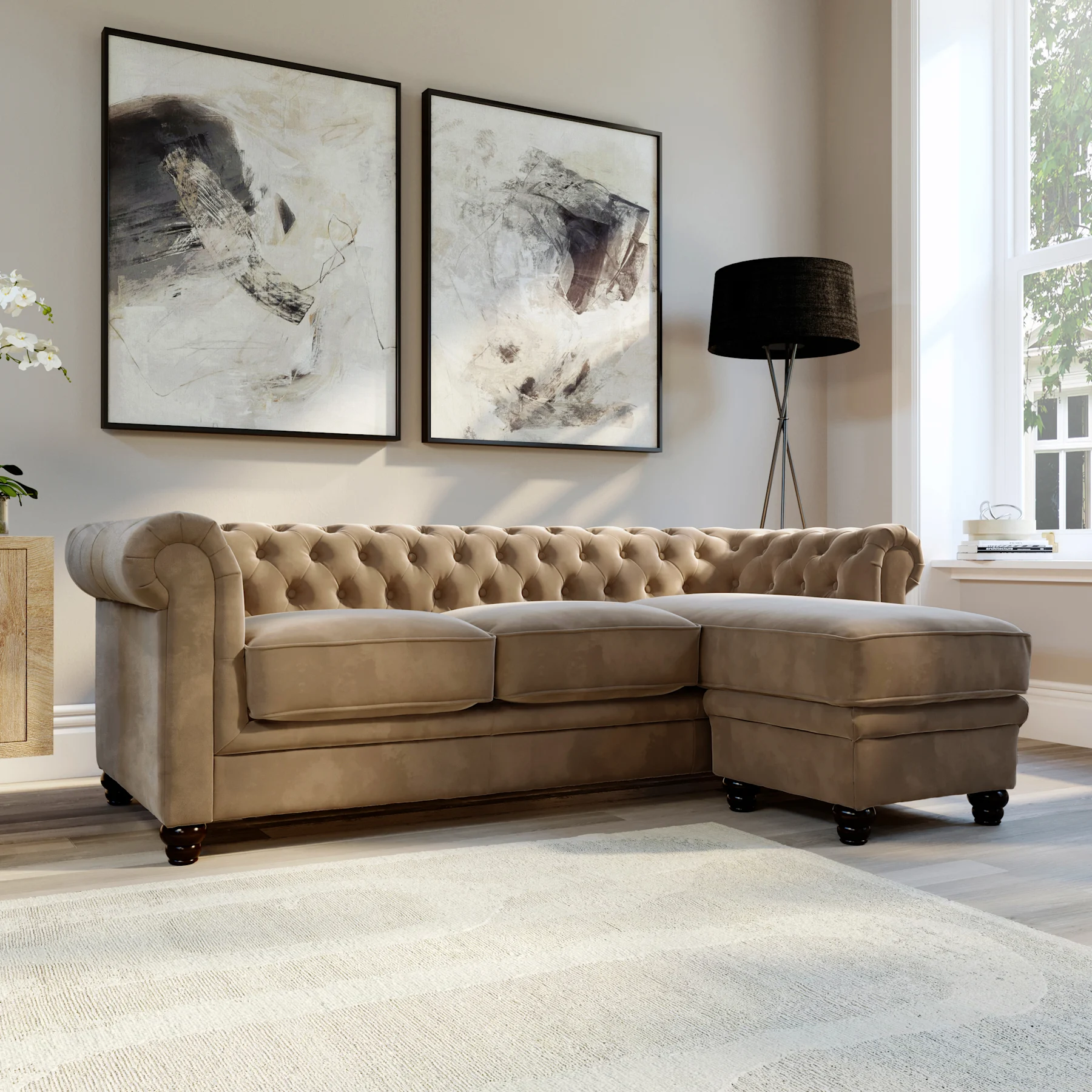 Hampton L-Shape Corner Sofa, Beige Classic Velvet