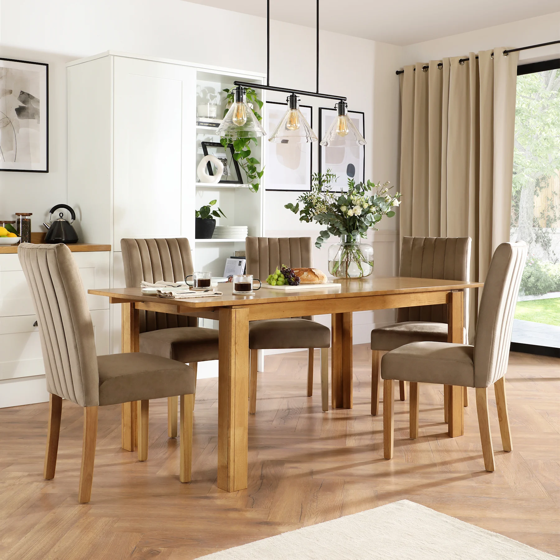 Bali Extending Dining Table & 6 Salisbury Chairs, Natural Oak Finished Solid Hardwood, Beige Classic Velvet, 150-180cm