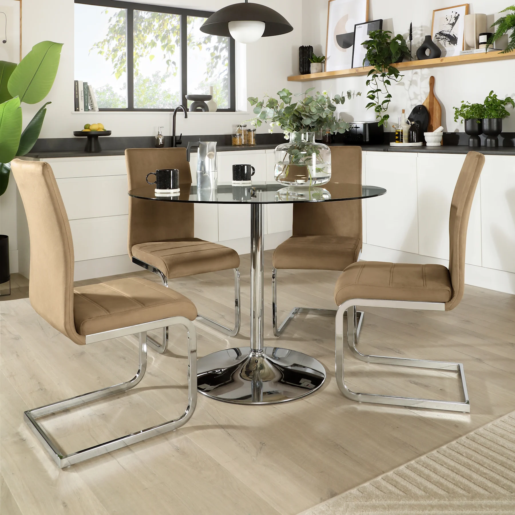 Orbit Round Dining Table & 4 Perth Chairs, Glass & Chrome, Beige Classic Velvet, 110cm