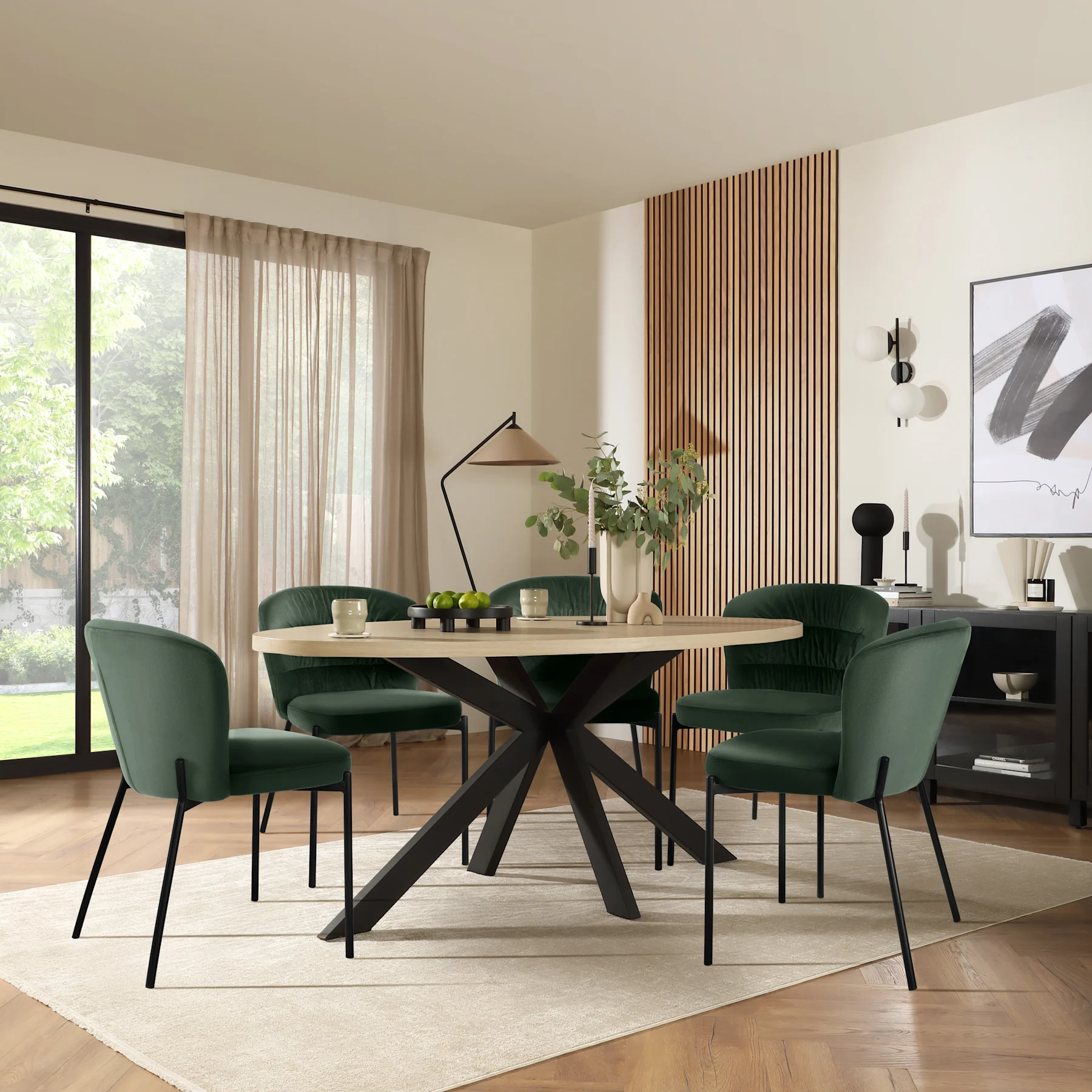 Madison Oval Dining Table & 6 Gianna Chairs, Light Oak Effect & Black Steel, Moss Green Classic Velvet, 180cm
