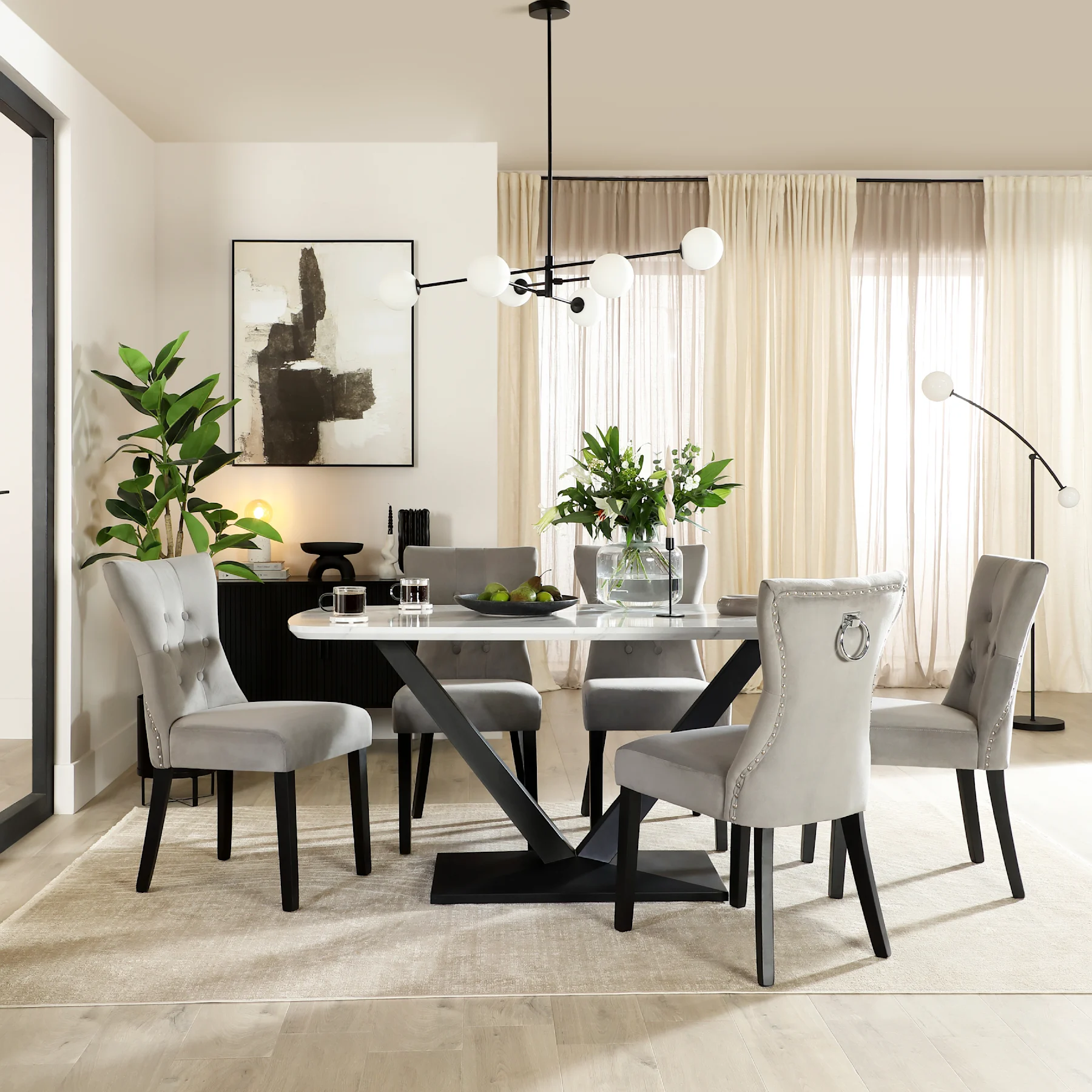 Avanta Dining Table & 6 Kensington Dining Chairs, White Marble Effect & Black Steel, Grey Classic Velvet & Black Solid Hardwood, 160cm