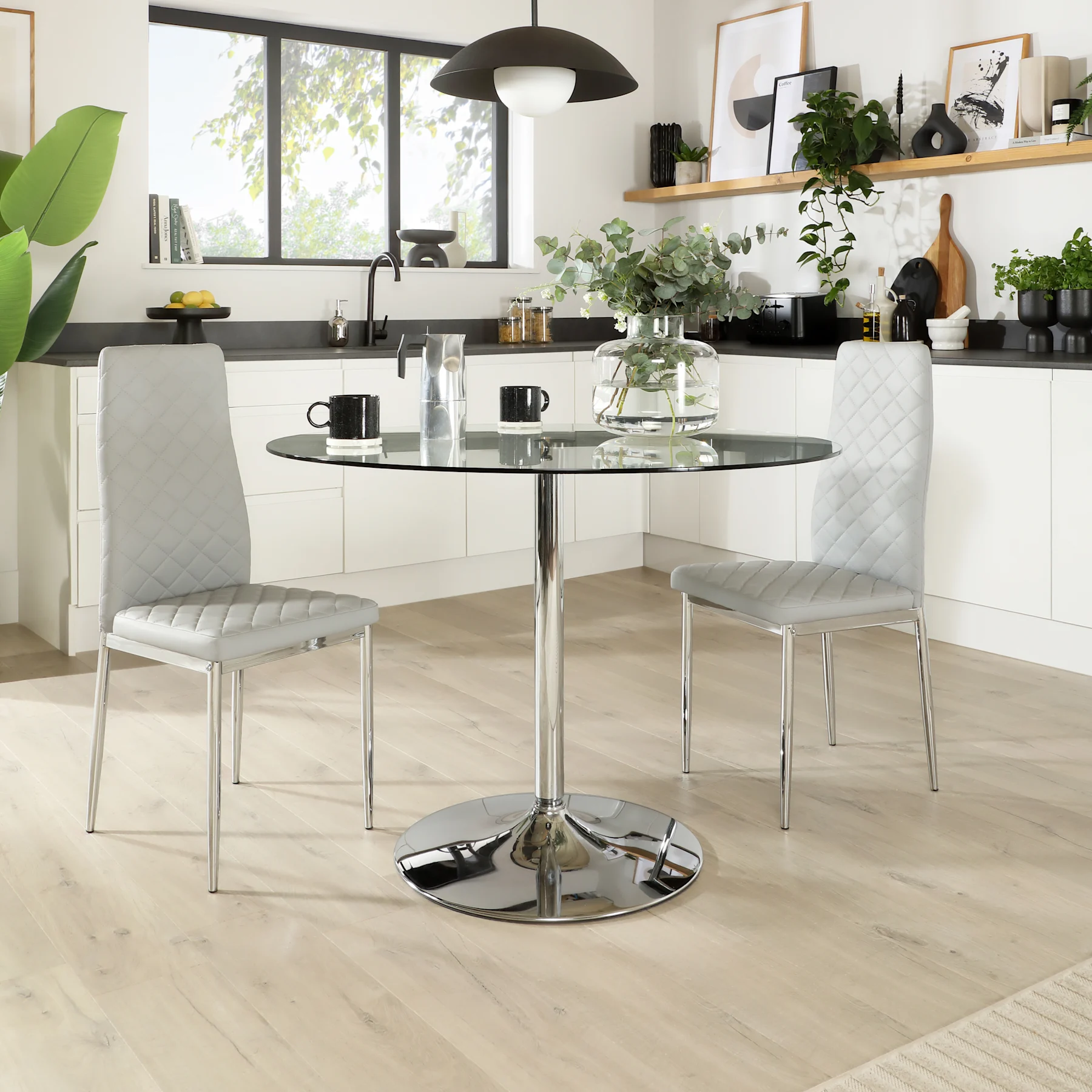 Orbit Round Dining Table & 2 Renzo Chairs, Glass & Chrome, Light Grey Premium Faux Leather, 110cm