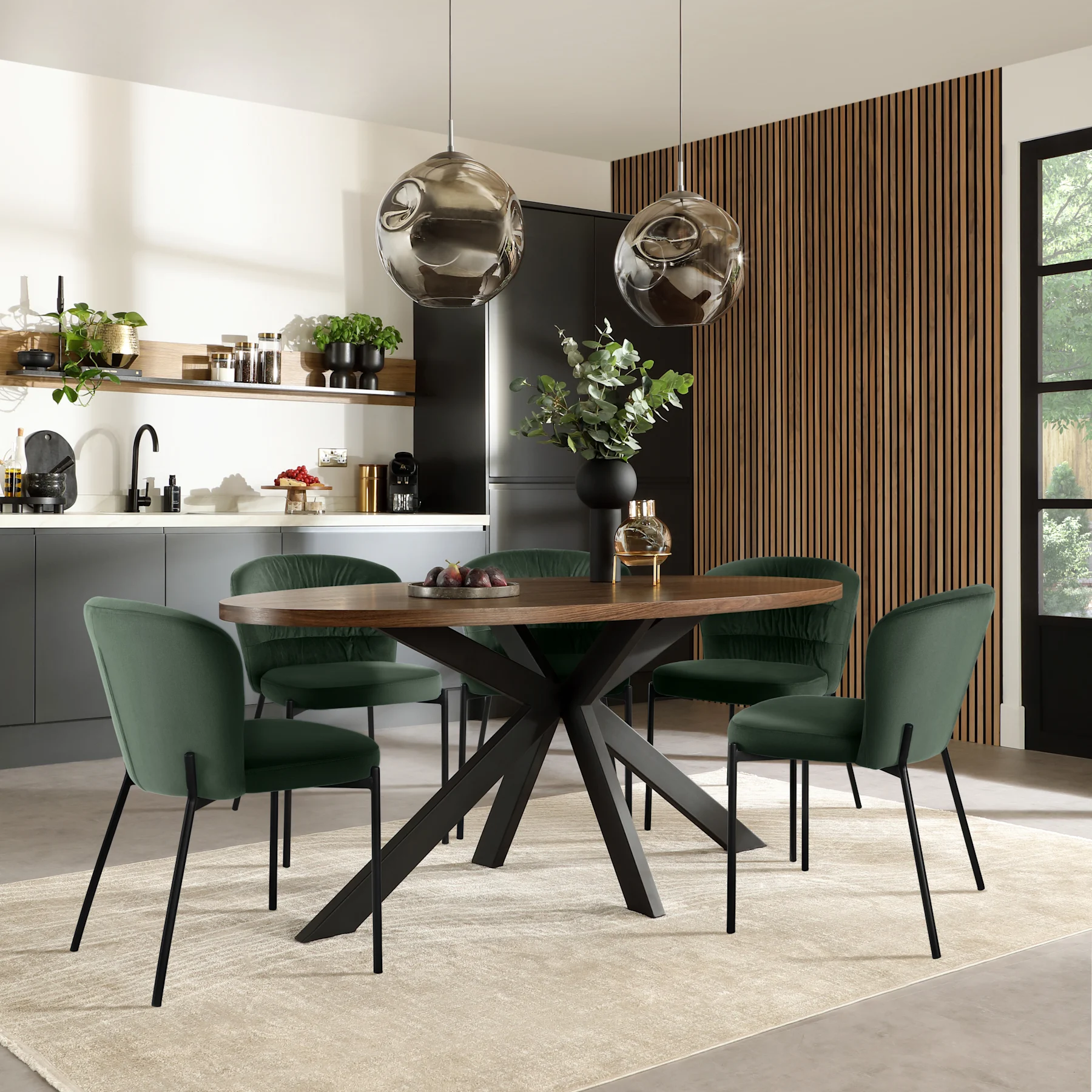Madison Oval Industrial Dining Table & 6 Gianna Chairs, Walnut Effect & Black Steel, Moss Green Classic Velvet, 180cm