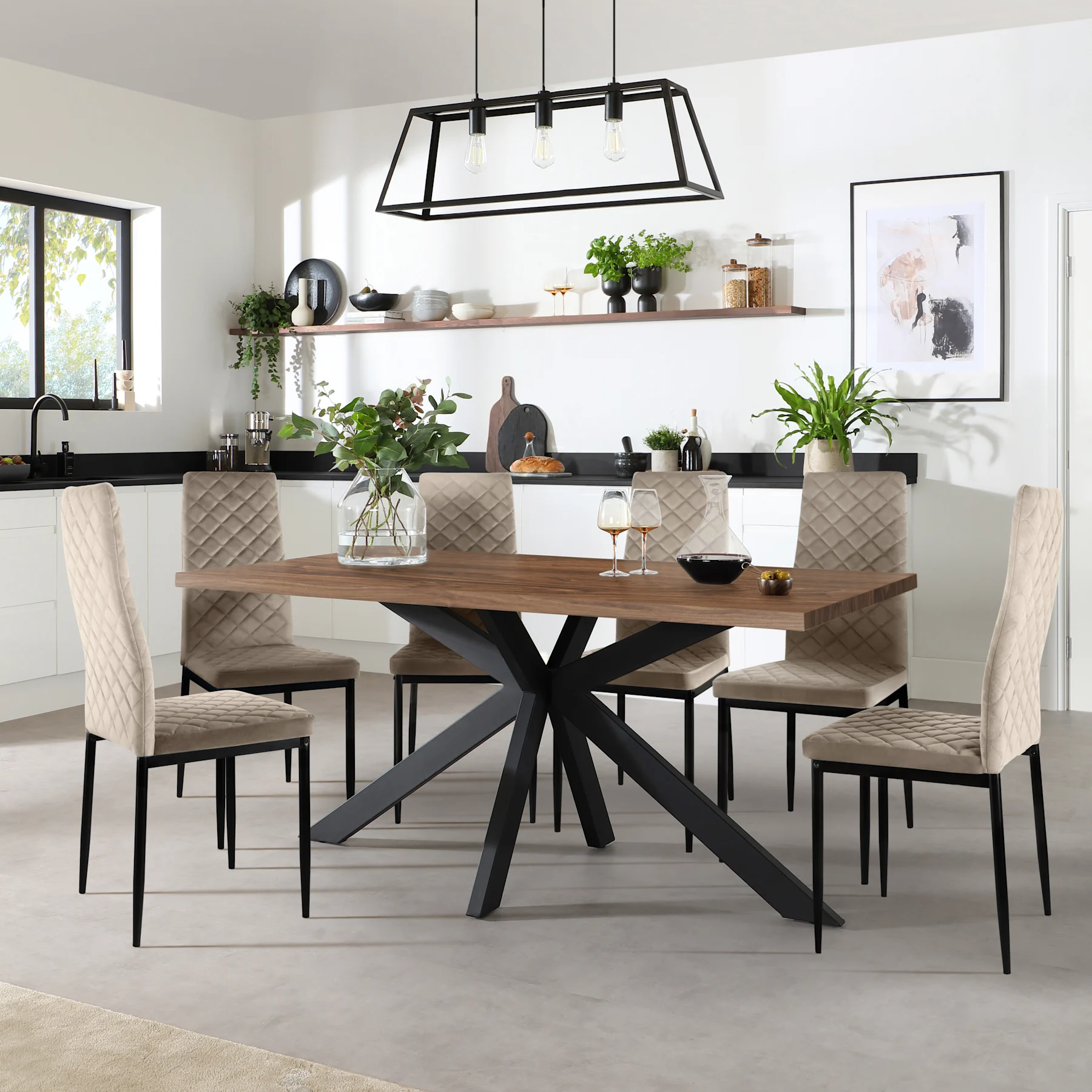 Madison Industrial Dining Table & 4 Renzo  Chairs, Walnut Effect & Black Steel, Champagne Classic Velvet, 150cm