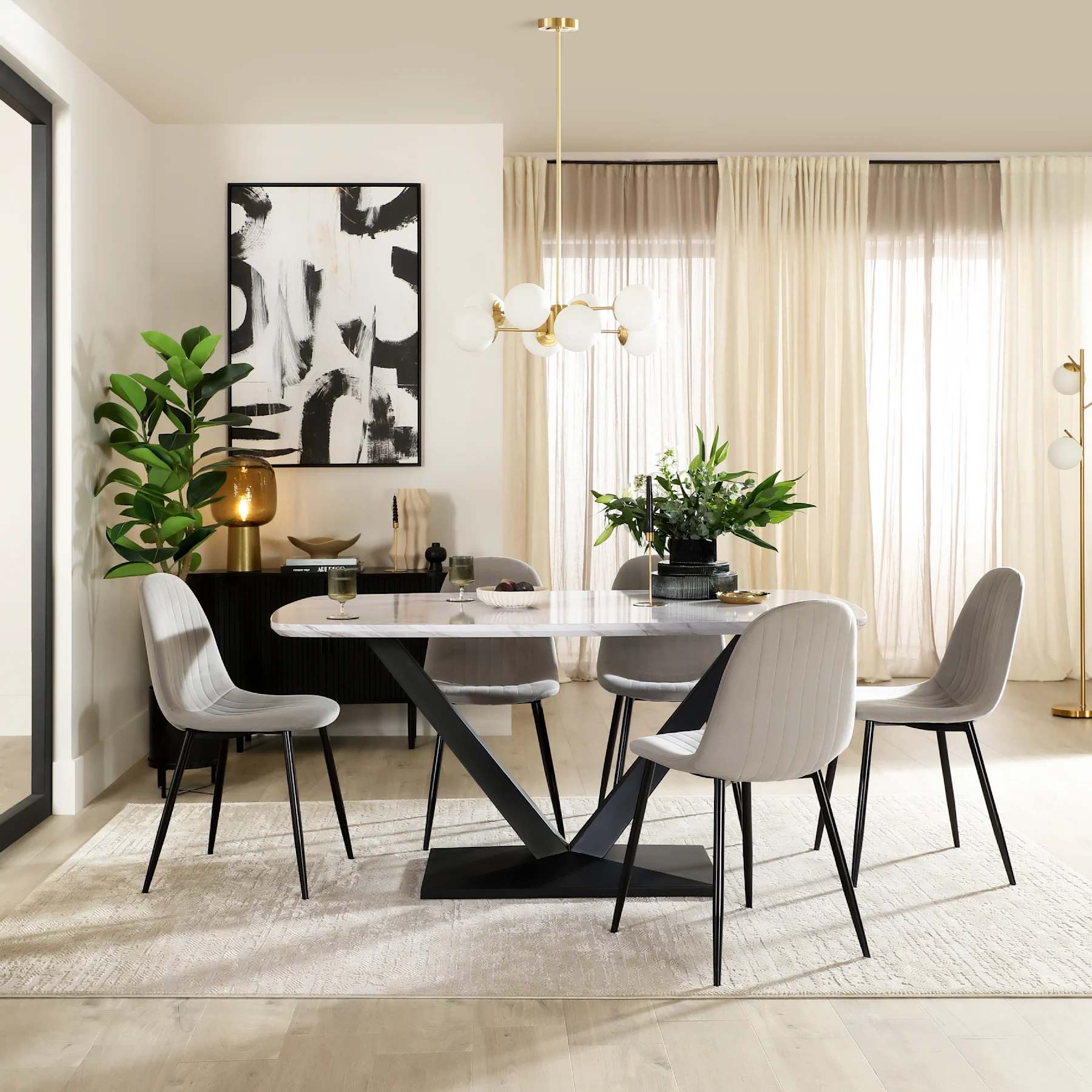 Avanta Dining Table & 6 Brooklyn Dining Chairs, Grey Marble Effect & Black Steel, Grey Classic Velvet, 160cm