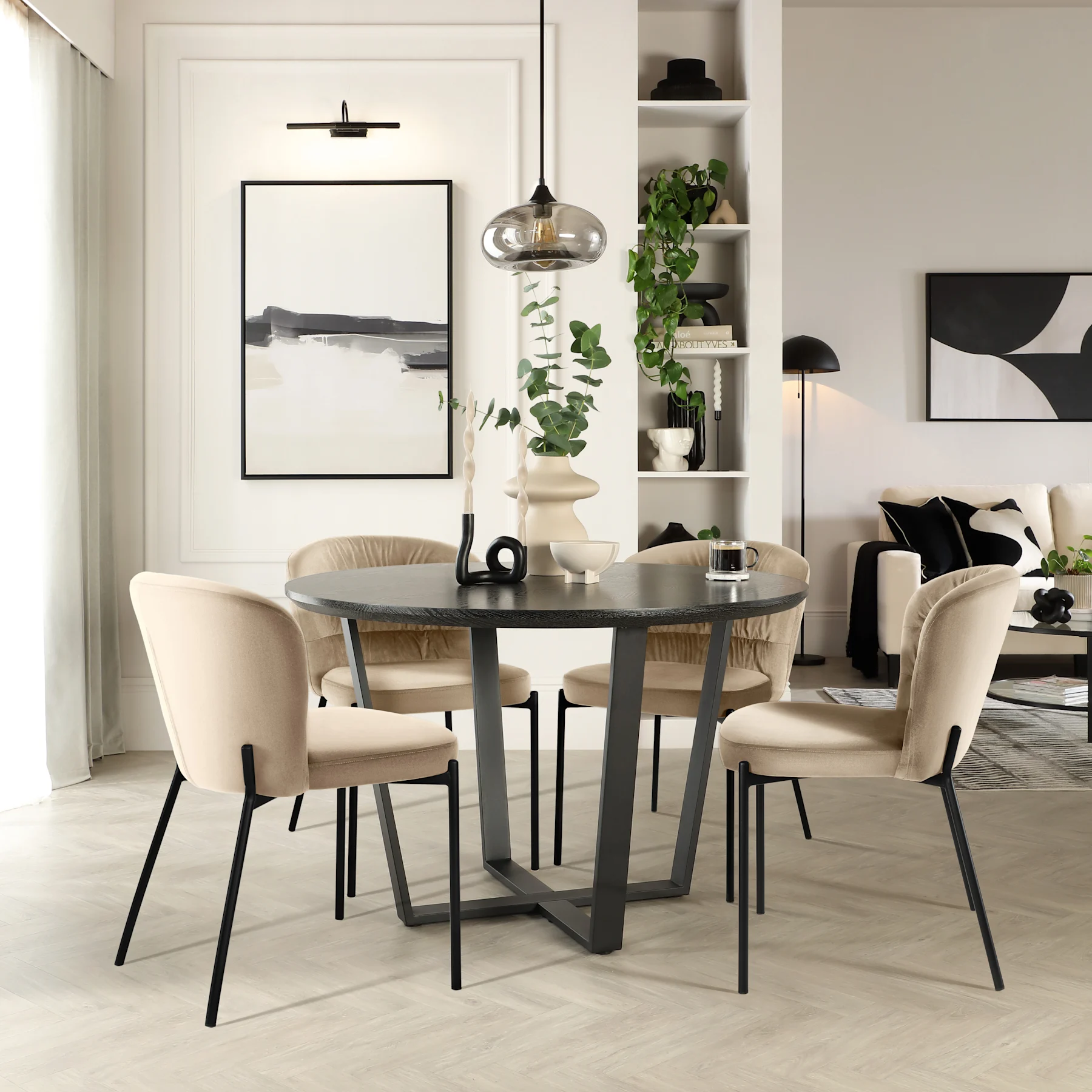 Traviso Round Dining Table & 4 Gianna Chairs, Black Oak Effect & Black Steel, Champagne Classic Velvet, 120cm