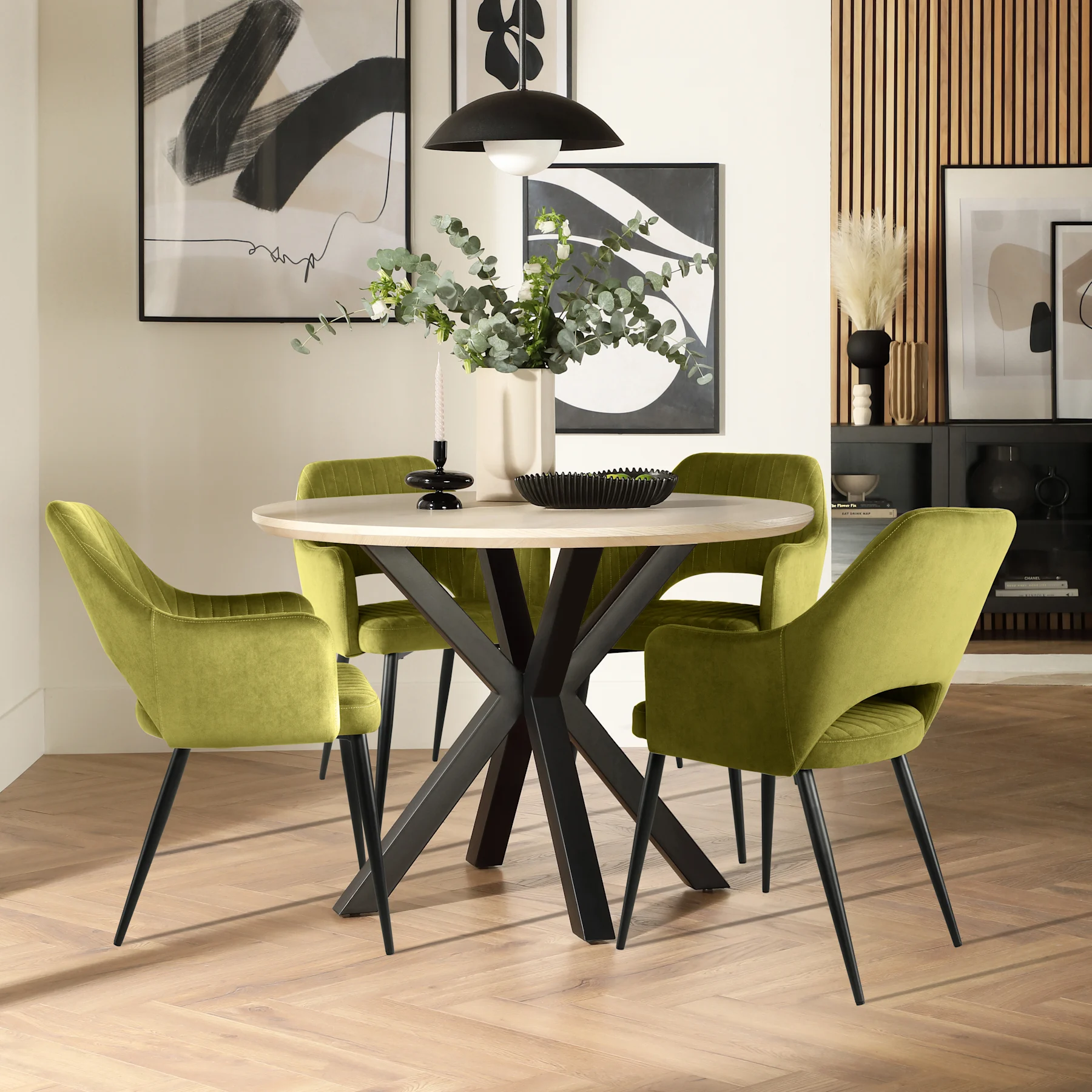 Newark Round Dining Table & 4 Clara Chairs, Light Oak Effect & Black Steel, Olive Green Classic Velvet, 110cm
