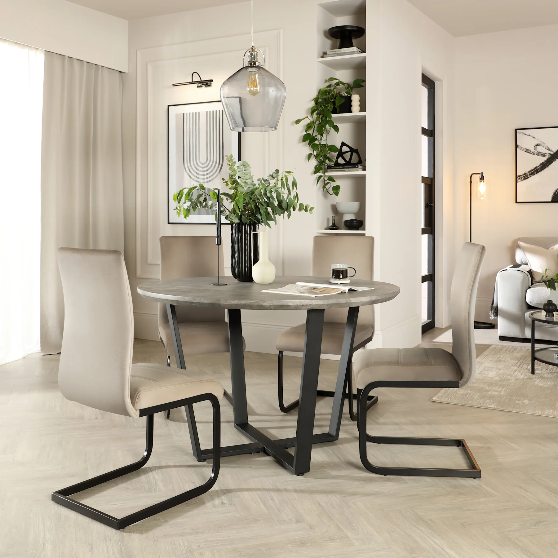 Traviso Round Industrial Dining Table & 4 Perth Chairs, Concrete Effect & Black Steel, Champagne Classic Velvet, 120cm
