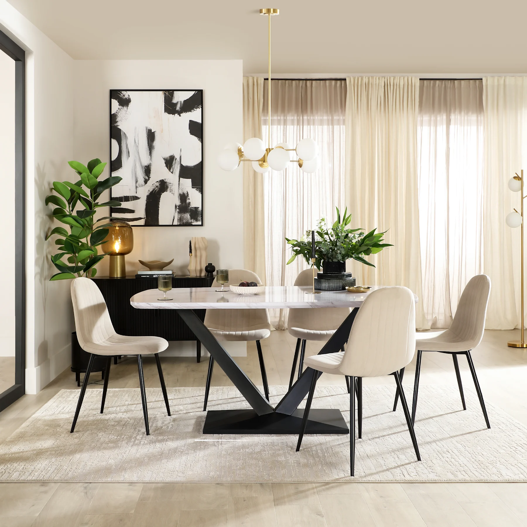 Avanta Dining Table & 6 Brooklyn Dining Chairs, Grey Marble Effect & Black Steel, Champagne Classic Velvet, 160cm