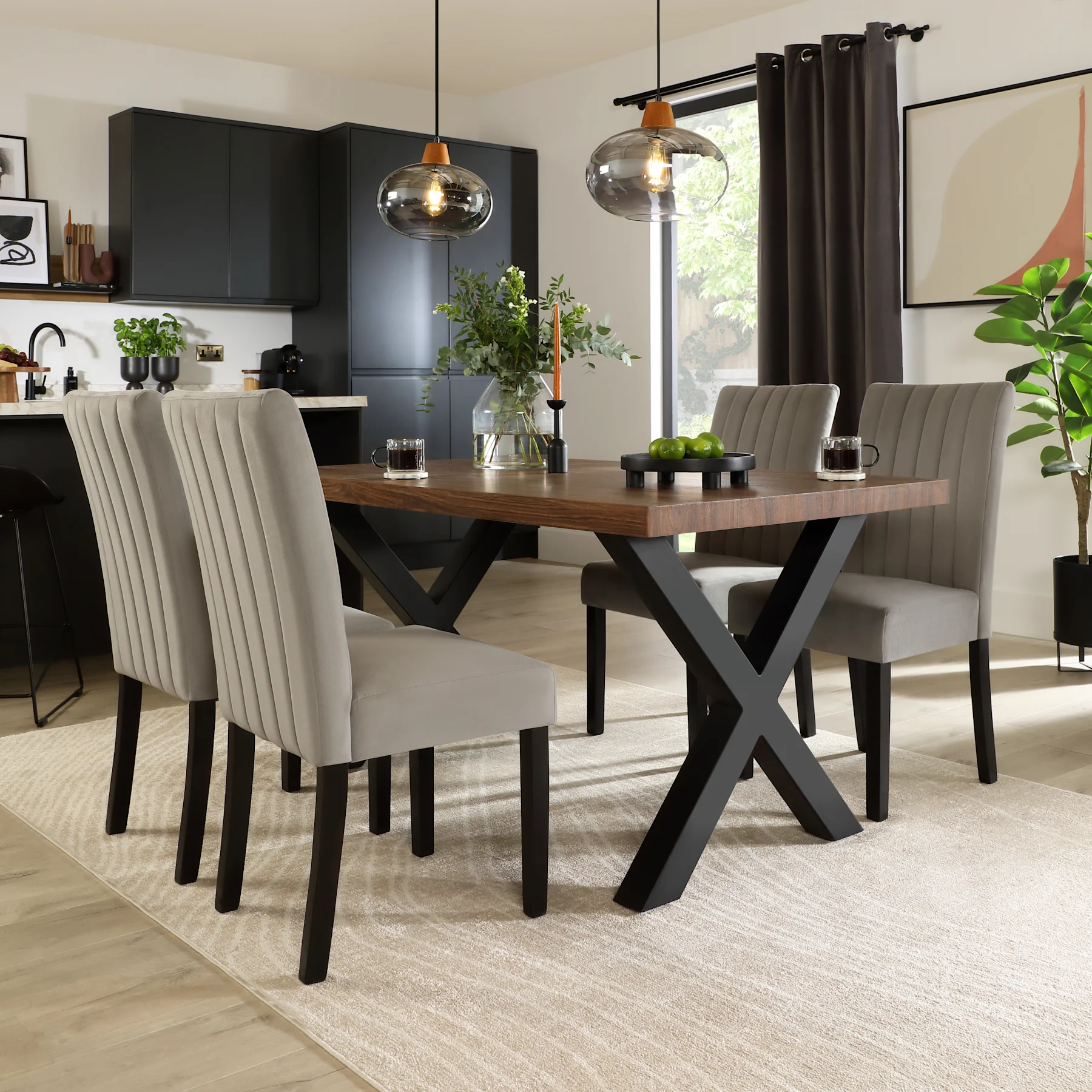 Franklin Industrial Dining Table & 4 Salisbury Chairs, Walnut Effect & Black Steel, Grey Classic Velvet & Black Solid Hardwood, 150cm