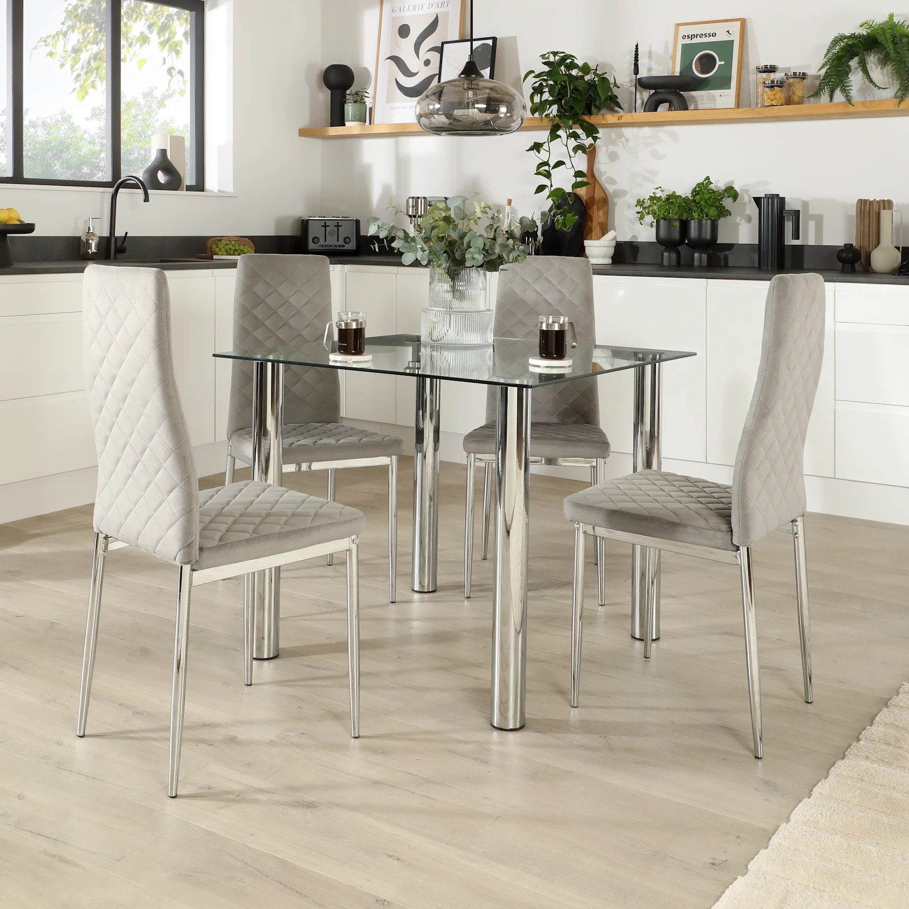 Nova Square Dining Table & 4 Renzo Chairs, Glass & Chrome, Grey Classic Velvet, 90cm