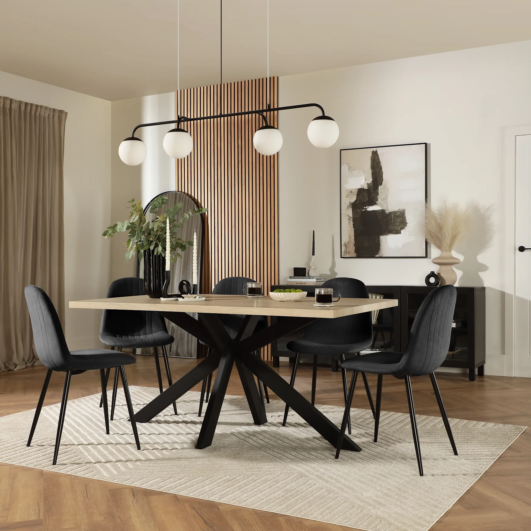 Madison Dining Table & 4 Brooklyn Chairs, Light Oak Effect & Black Steel, Black Classic Velvet, 160cm