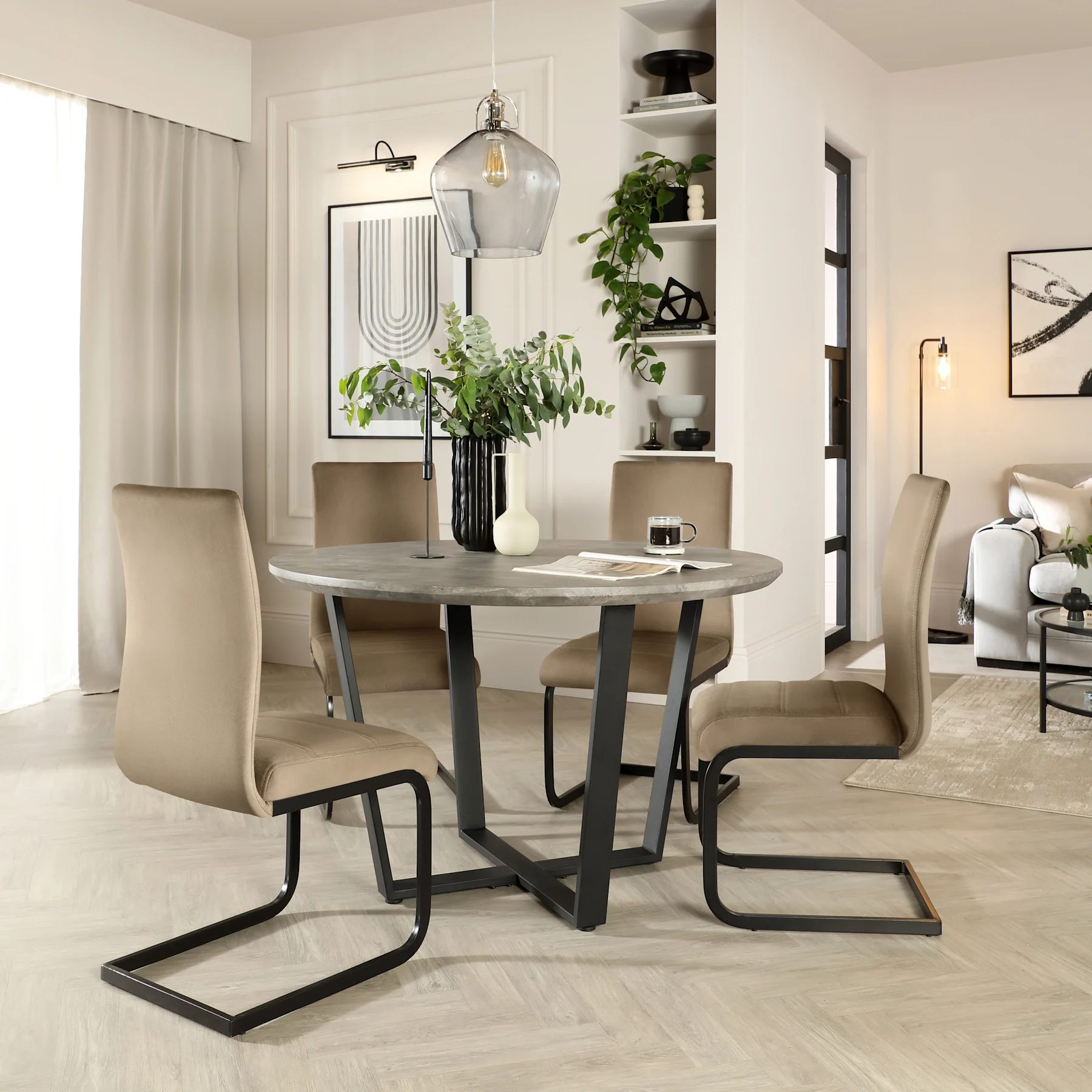 Traviso Round Industrial Dining Table & 4 Perth Chairs, Concrete Effect & Black Steel, Beige Classic Velvet, 120cm