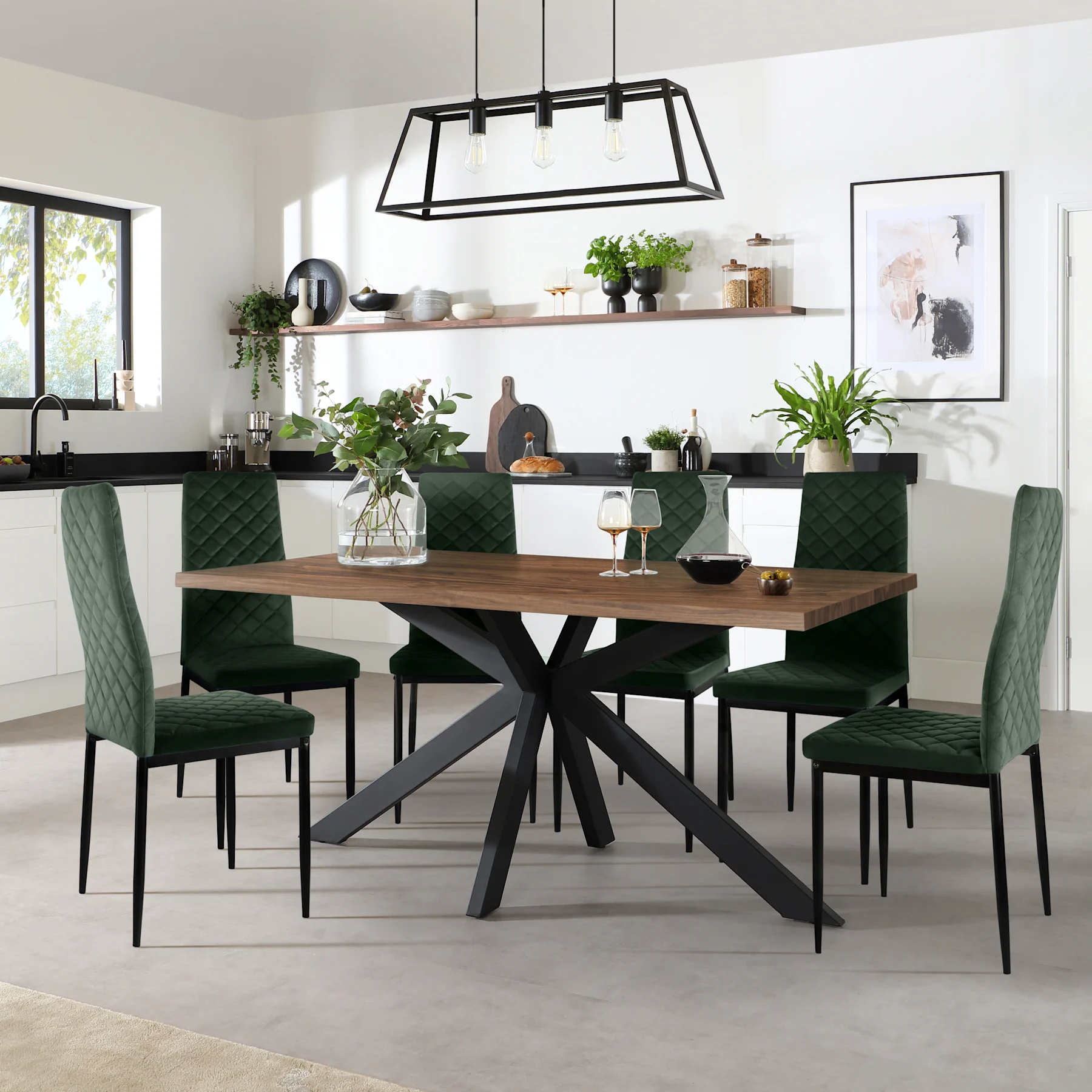 Madison Industrial Dining Table & 6 Renzo  Chairs, Walnut Effect & Black Steel, Moss Green Classic Velvet, 150cm