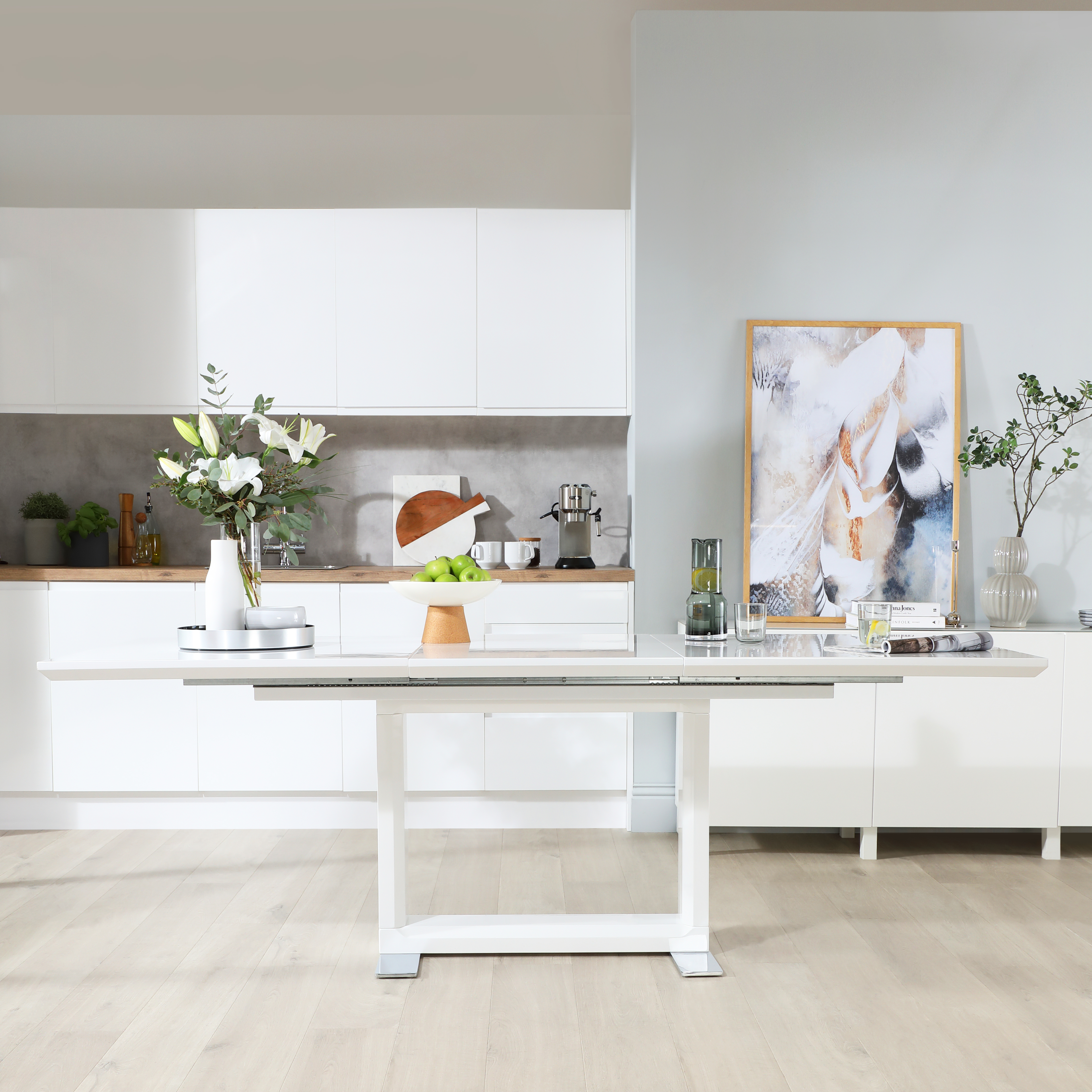 Tokyo Extending Dining Table & 4 Riva Chairs, White High Gloss