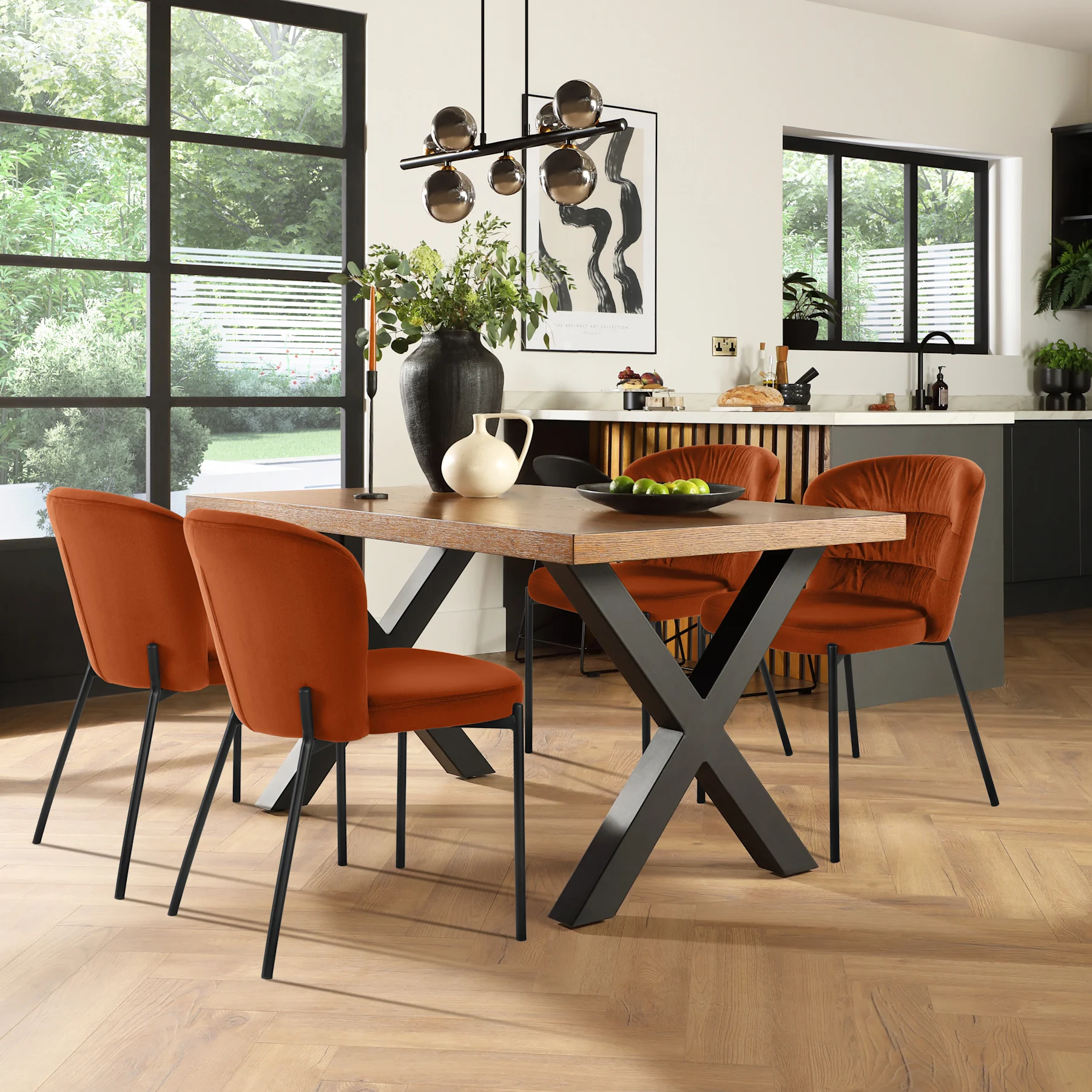 Franklin Industrial Dining Table & 4 Gianna Chairs, Dark Oak Veneer & Black Steel, Burnt Orange Classic Velvet, 150cm
