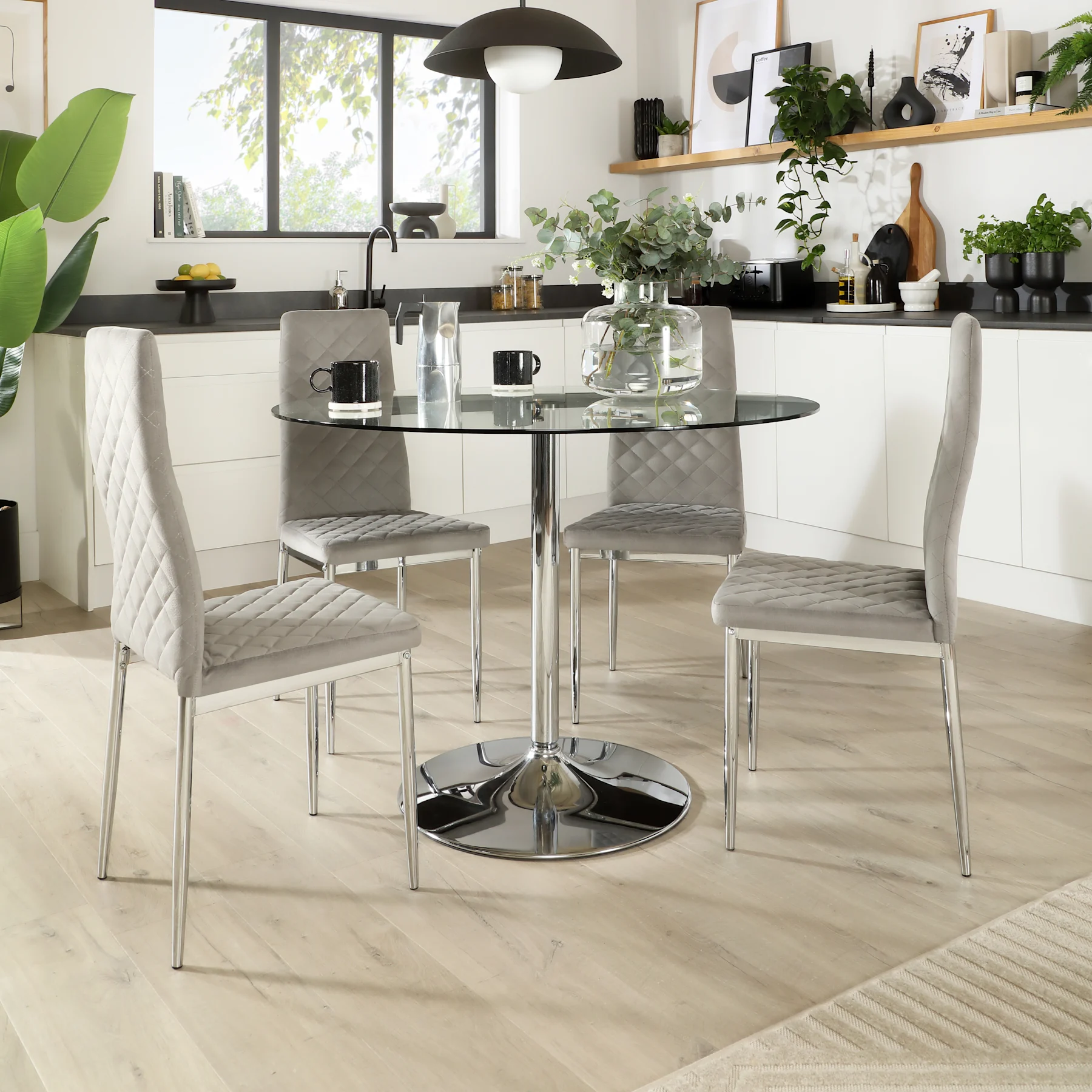 Orbit Round Dining Table & 4 Renzo Chairs, Glass & Chrome, Grey Classic Velvet, 110cm