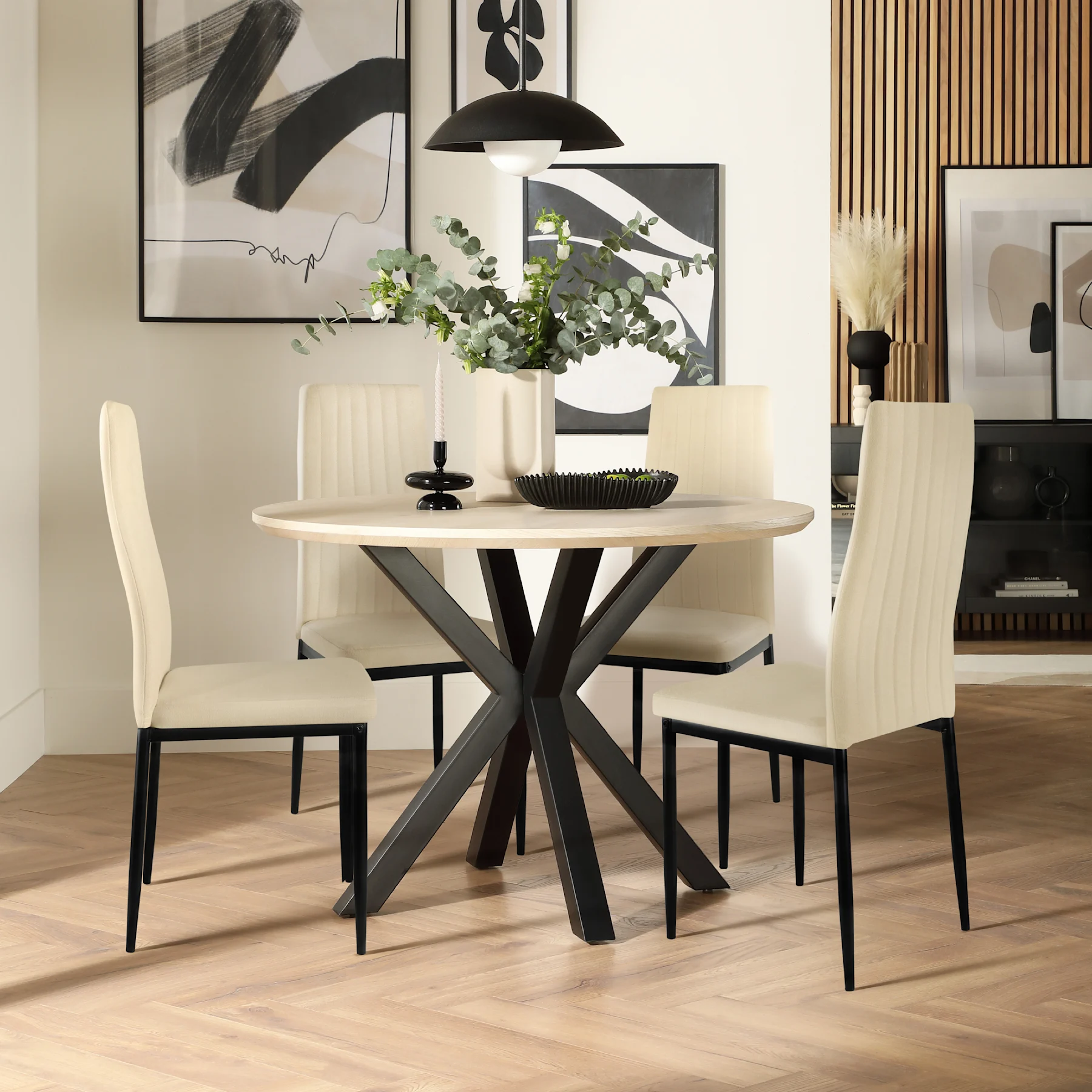 Newark Round Dining Table & 2 Leon  Chairs, Light Oak Effect & Black Steel, Ivory Classic Plush Fabric, 150cm