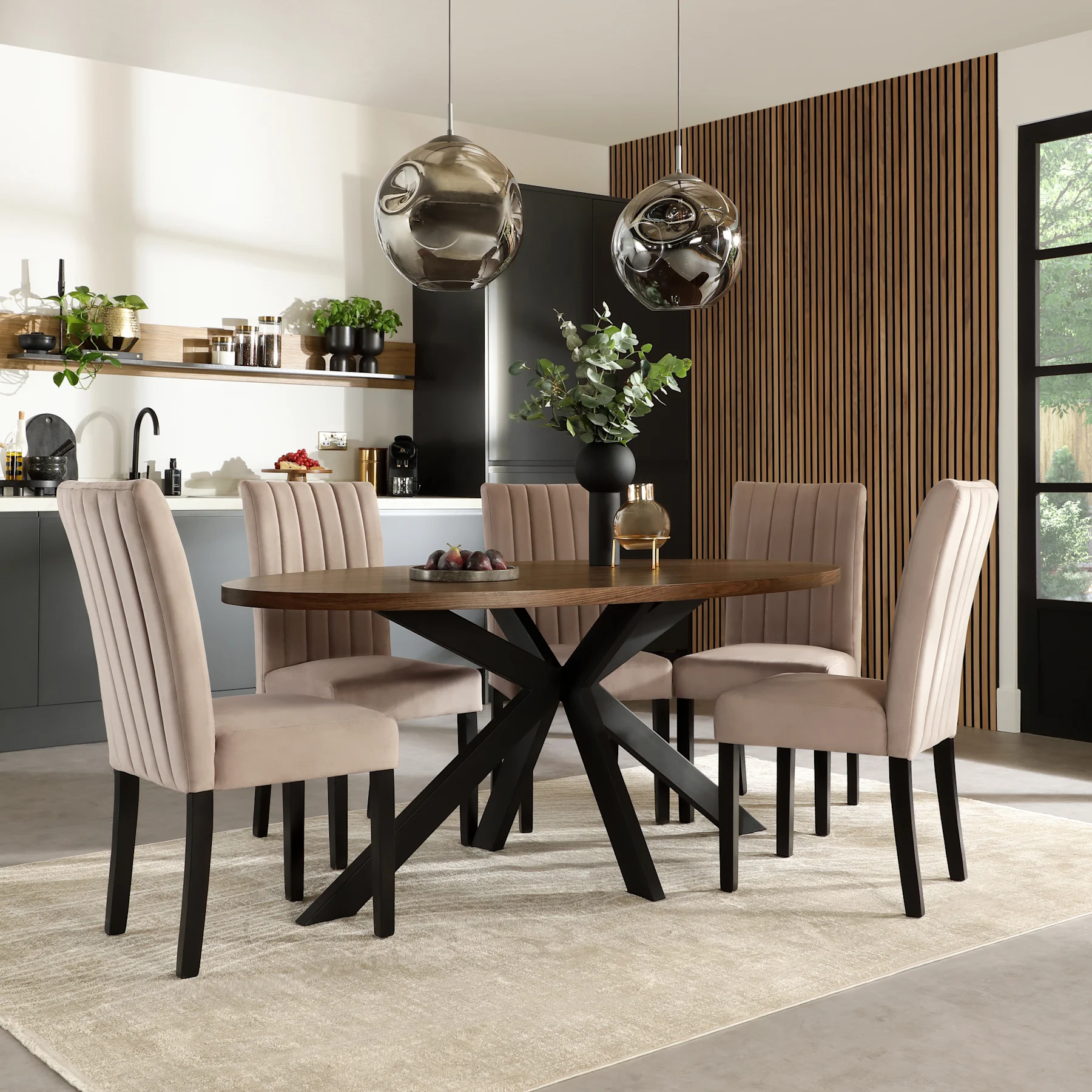 Madison Oval Industrial Dining Table & 6 Salisbury Chairs, Walnut Effect & Black Steel, Beige Classic Plush Fabric & Black Solid Hardwood, 180cm