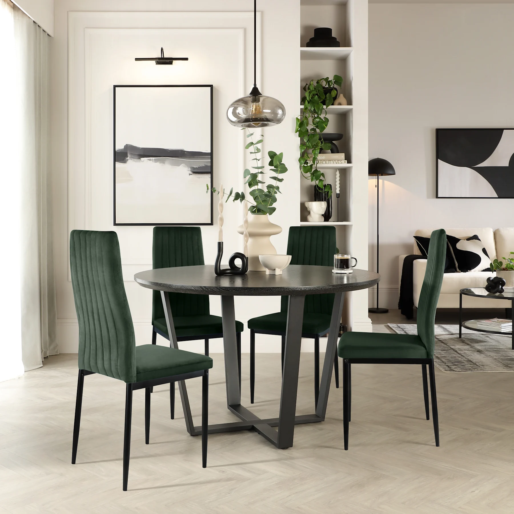Traviso Round Dining Table & 4 Leon Chairs, Black Oak Effect & Black Steel, Moss Green Classic Velvet, 120cm