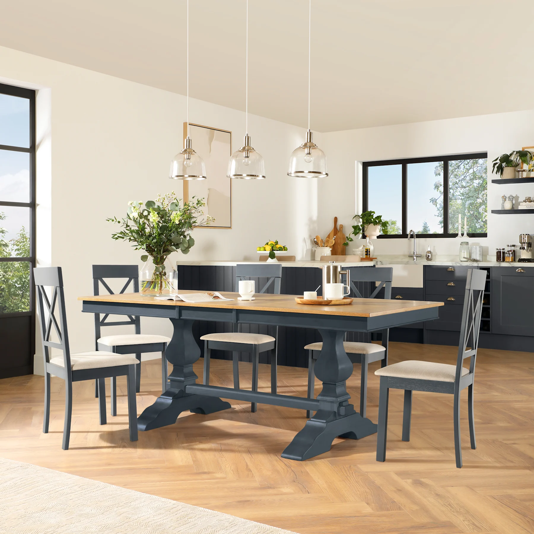 Cavendish Extending Dining Table & 6 Kendal Chairs, Natural Oak Veneer & Slate Blue Solid Hardwood, Oatmeal Classic Linen-Weave Fabric, 150-200cm
