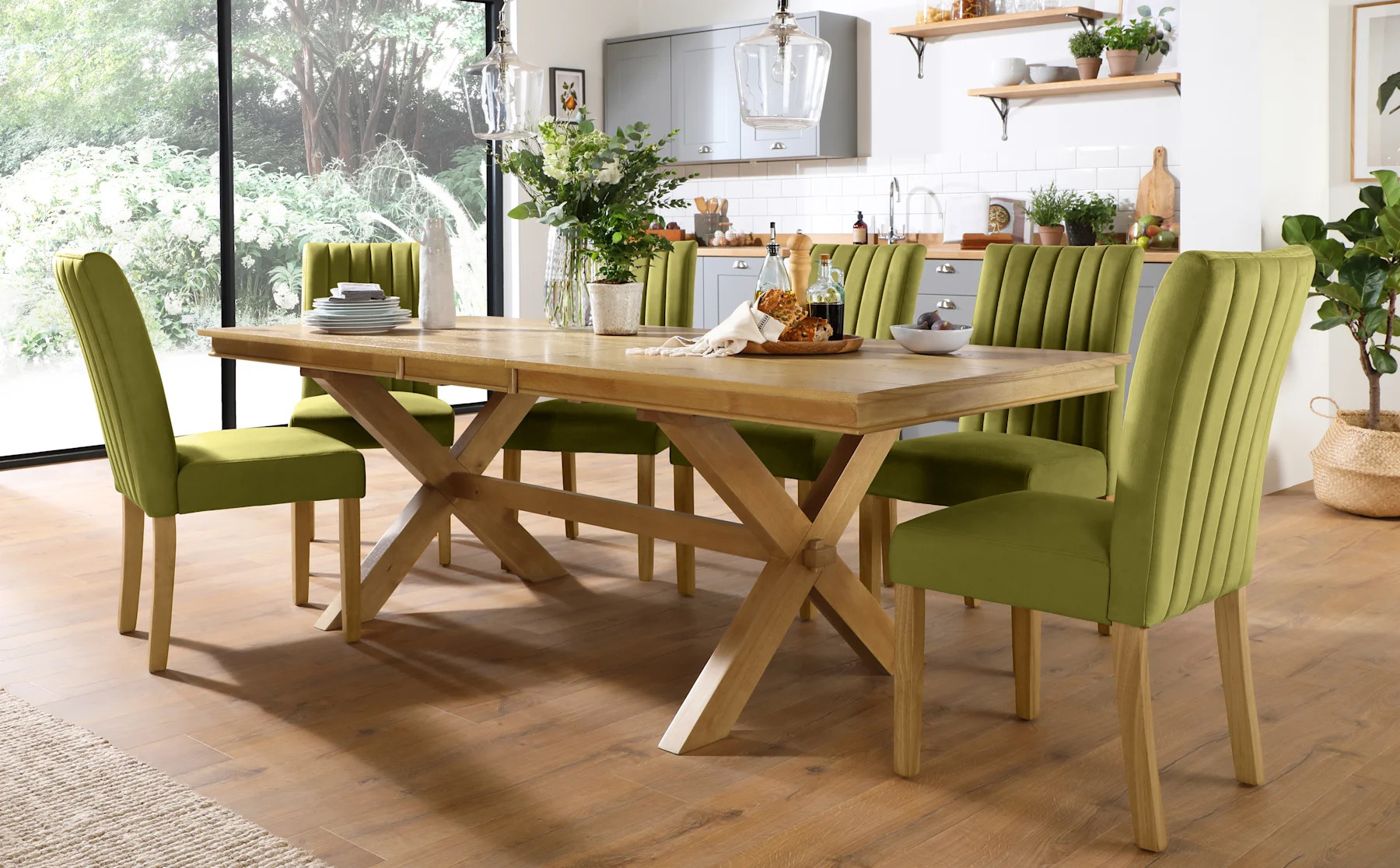 Grange Extending Dining Table & 6 Salisbury Chairs, Natural Oak Veneer & Solid Hardwood, Olive Green Classic Velvet & Natural Oak Finished Solid Hardwood, 180-220cm