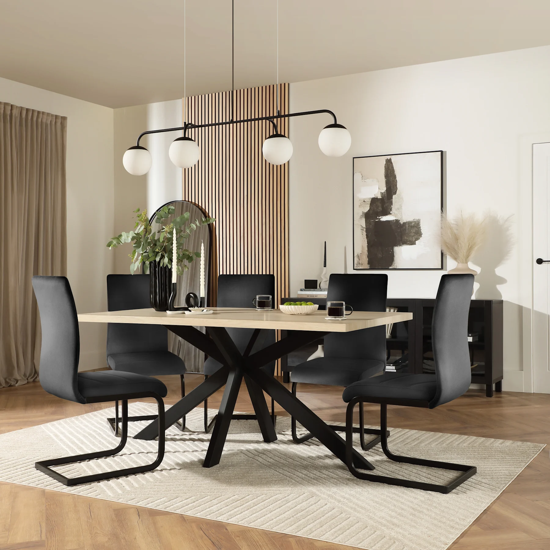 Madison Dining Table & 4 Perth Chairs, Light Oak Effect & Black Steel, Black Classic Velvet, 160cm