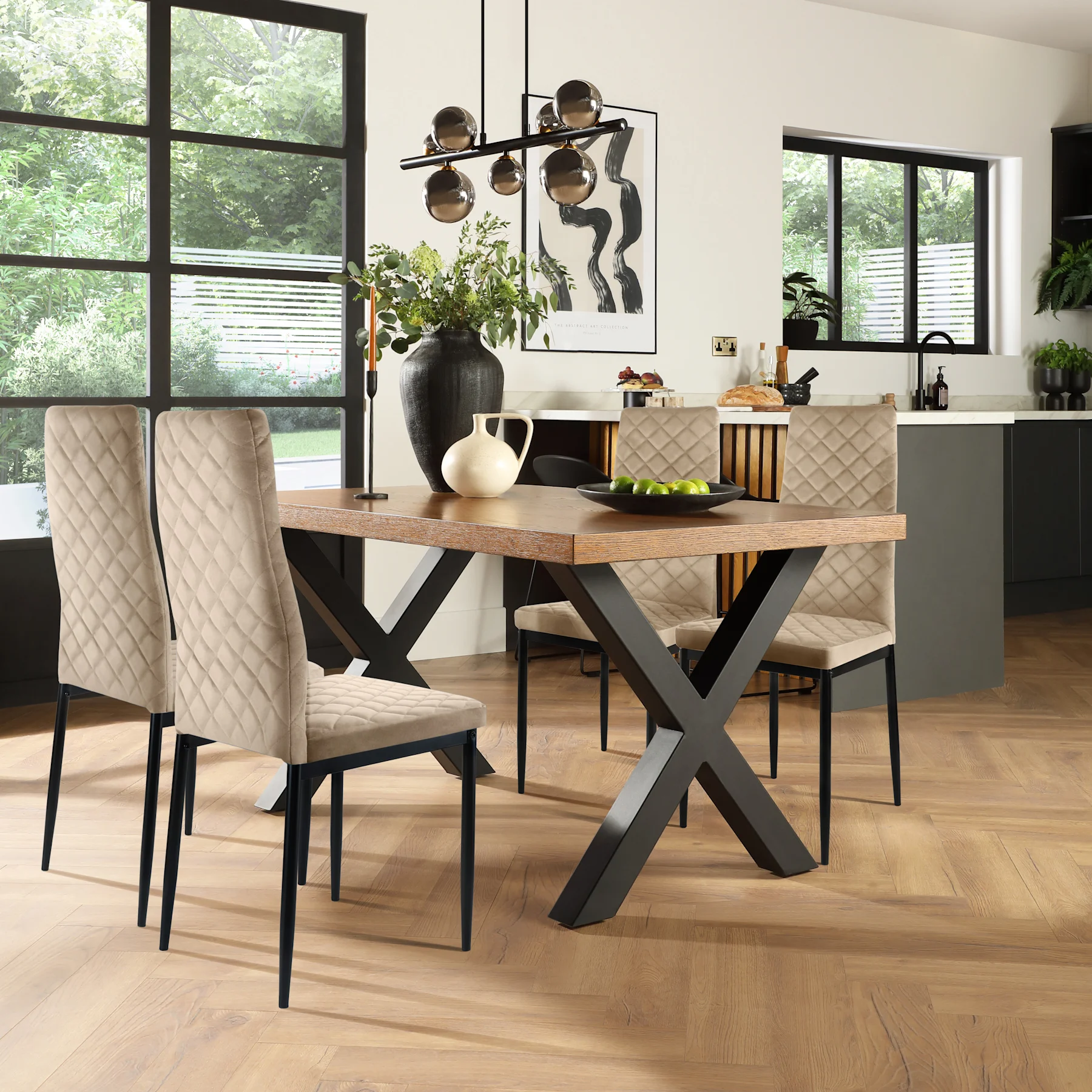 Franklin Industrial Dining Table & 4 Renzo  Chairs, Dark Oak Veneer & Black Steel, Champagne Classic Velvet, 150cm