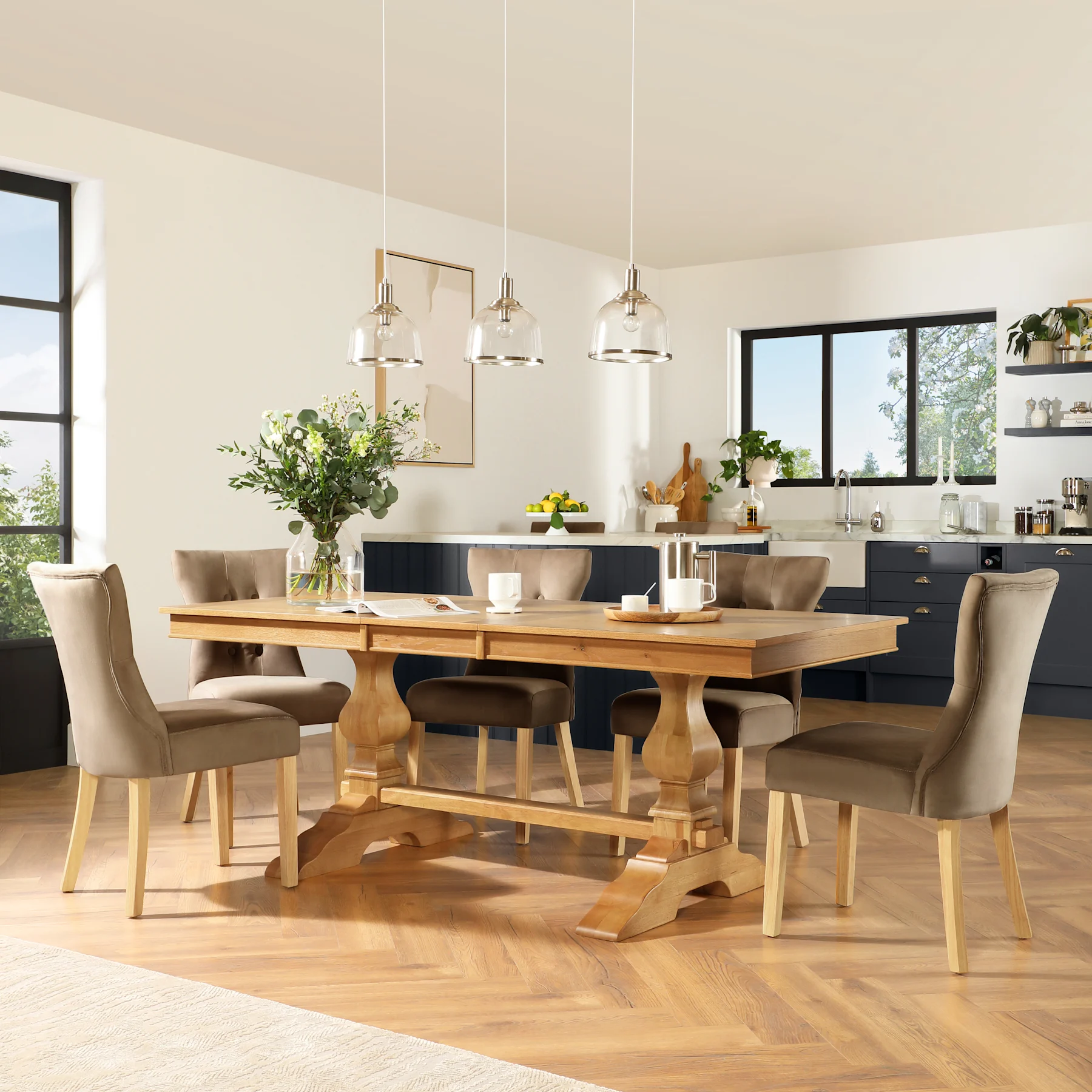 Cavendish Extending Dining Table & 6 Bewley Chairs, Natural Oak Veneer & Solid Hardwood, Beige Classic Velvet & Natural Oak Finished Solid Hardwood, 160-200cm