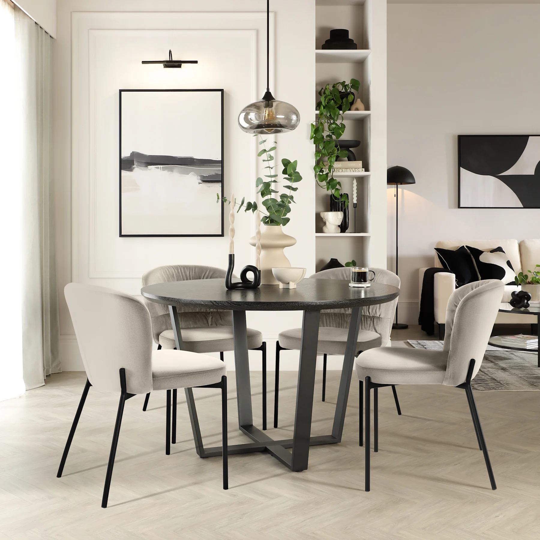 Traviso Round Dining Table & 4 Gianna Chairs, Black Oak Effect & Black Steel, Grey Classic Velvet, 120cm