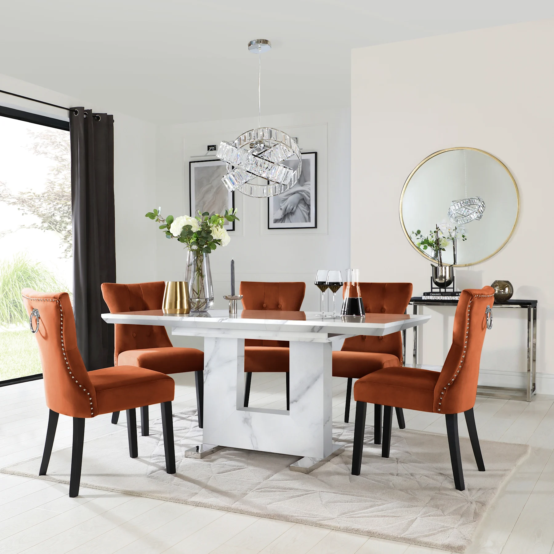 Florence Extending Dining Table & 6 Kensington Chairs, White Marble Effect, Burnt Orange Classic Velvet & Black Solid Hardwood, 120-160cm