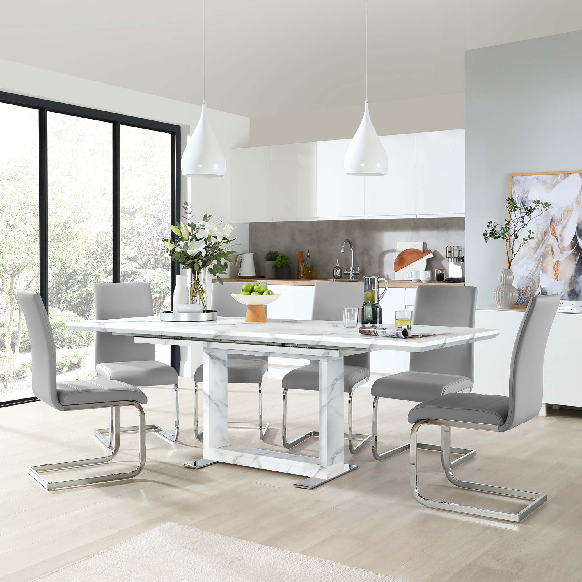 Tokyo Extending Dining Table & 4 Perth Chairs, White Marble Effect